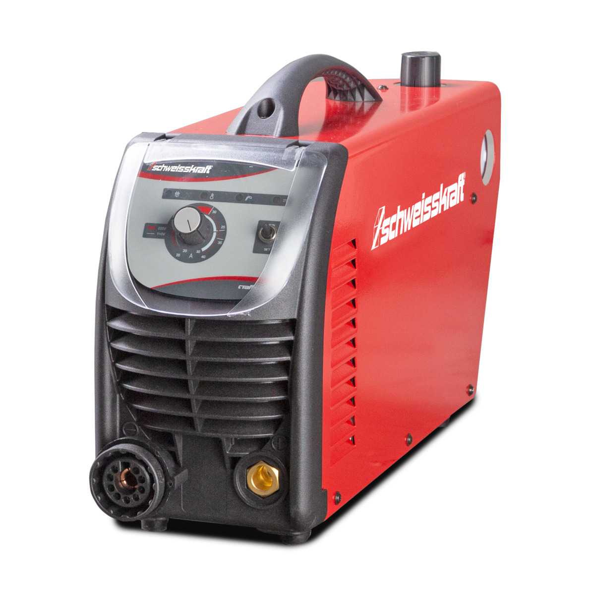 Rotes Plasma-Schneidgerät mit geschlossenem Frontpanel, schwarzem Lüftungsgitter und sichtbaren Anschlüssen.