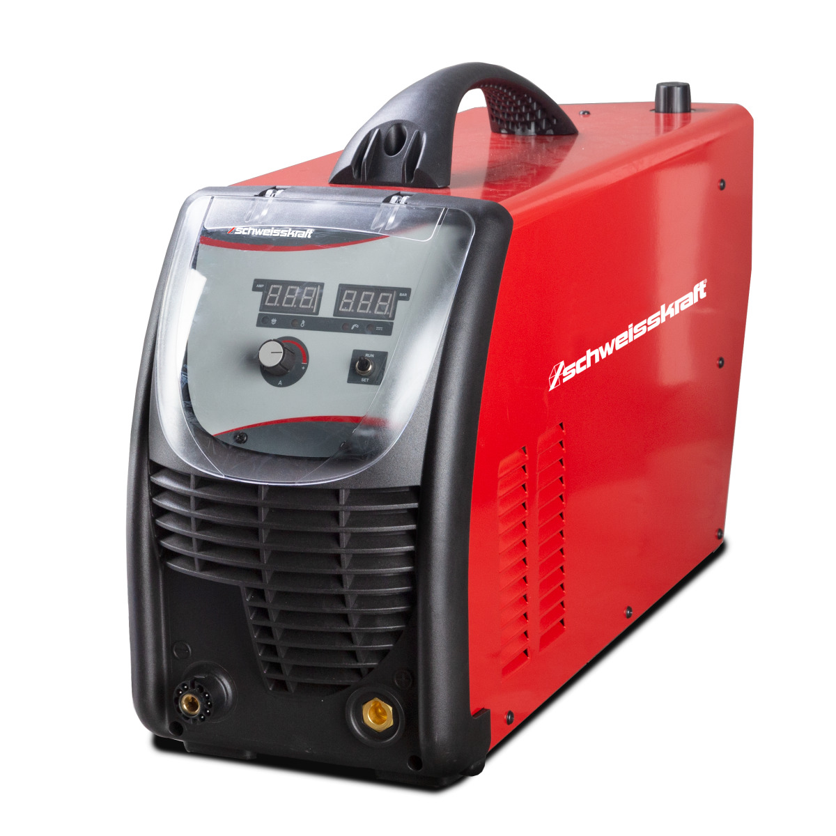 Rotes Plasma-Schneidgerät mit schwarzer Front, Griff oben und sichtbarem Bedienfeld mit Digitalanzeigen.