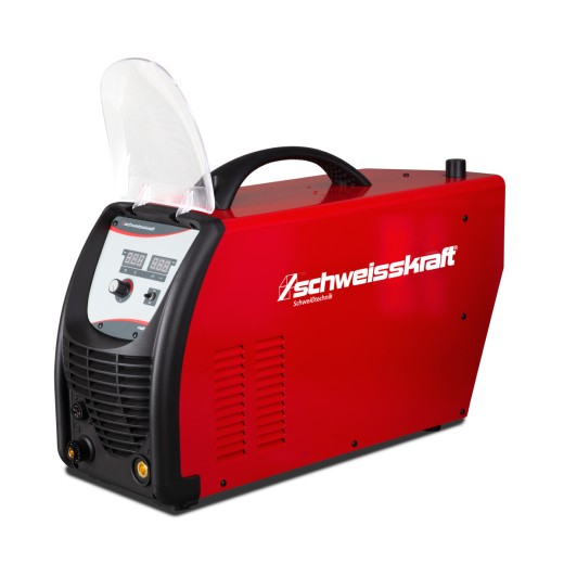 Rotes Plasma-Schneidgerät mit schwarzer Front, transparentem Schutzdeckel und sichtbarem Druckmanometer an der Seite.