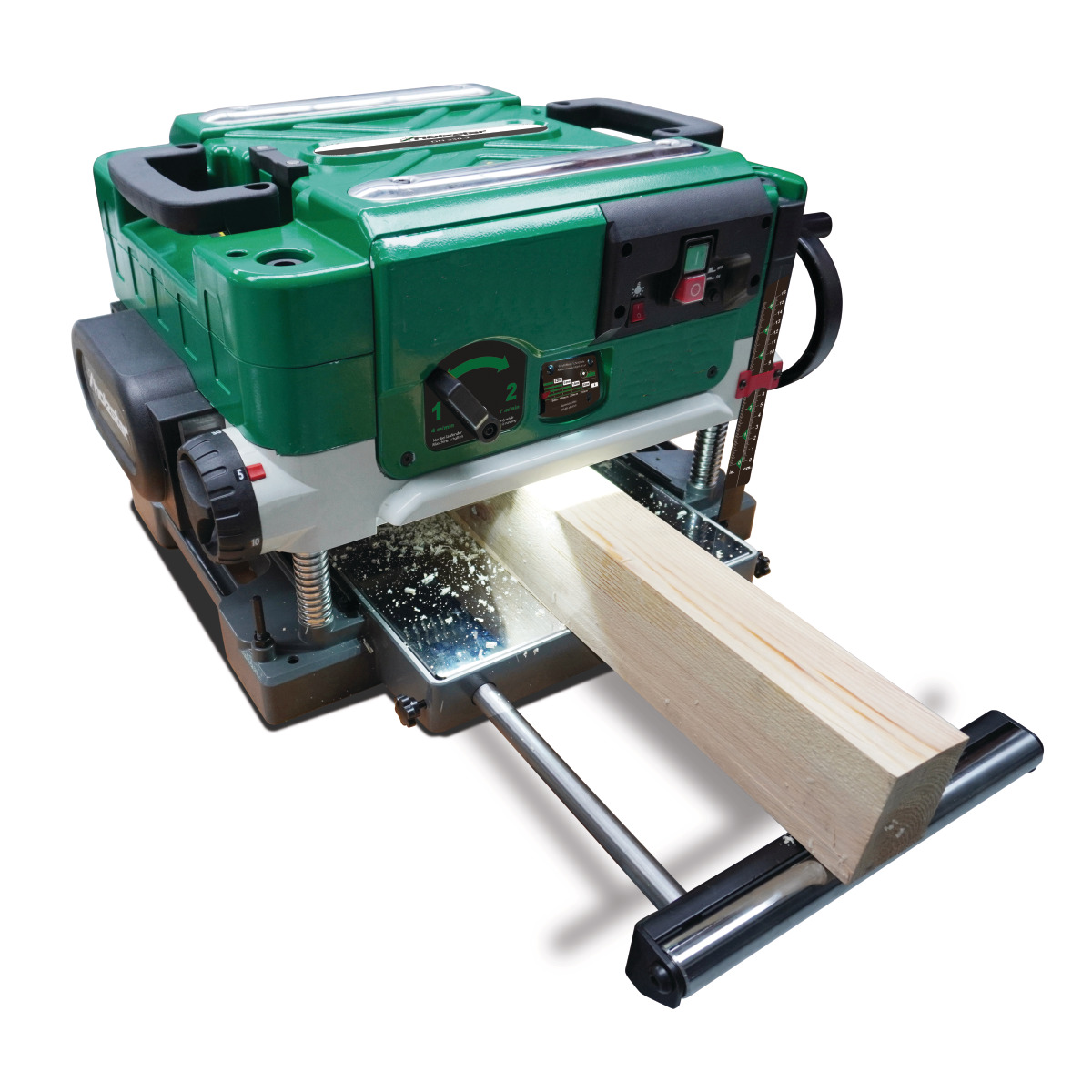 Dickenhobel DH 330-2 Dickenhobel Holzstar DH 330-2 beim Bearbeiten eines Holzbalkens mit Spänen auf dem Zuführtisch