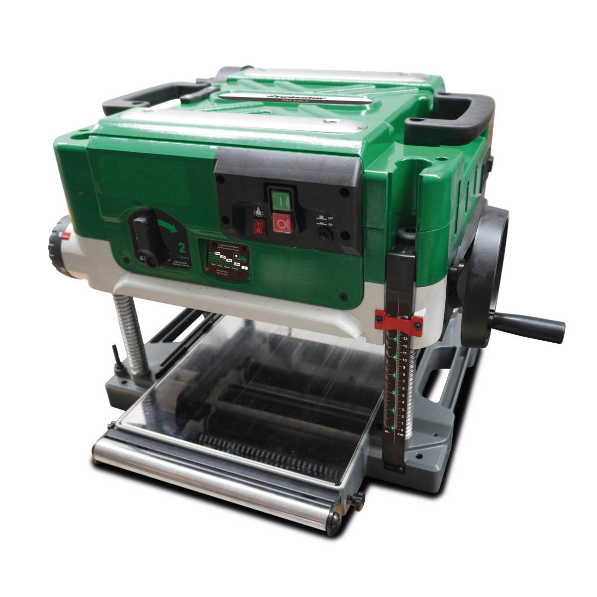 Dickenhobel DH 330-2 Dickenhobel Holzstar DH 330-2 schräg von vorn mit Bedienfeld, Höhenanzeige, Handrad und Zuführtisch