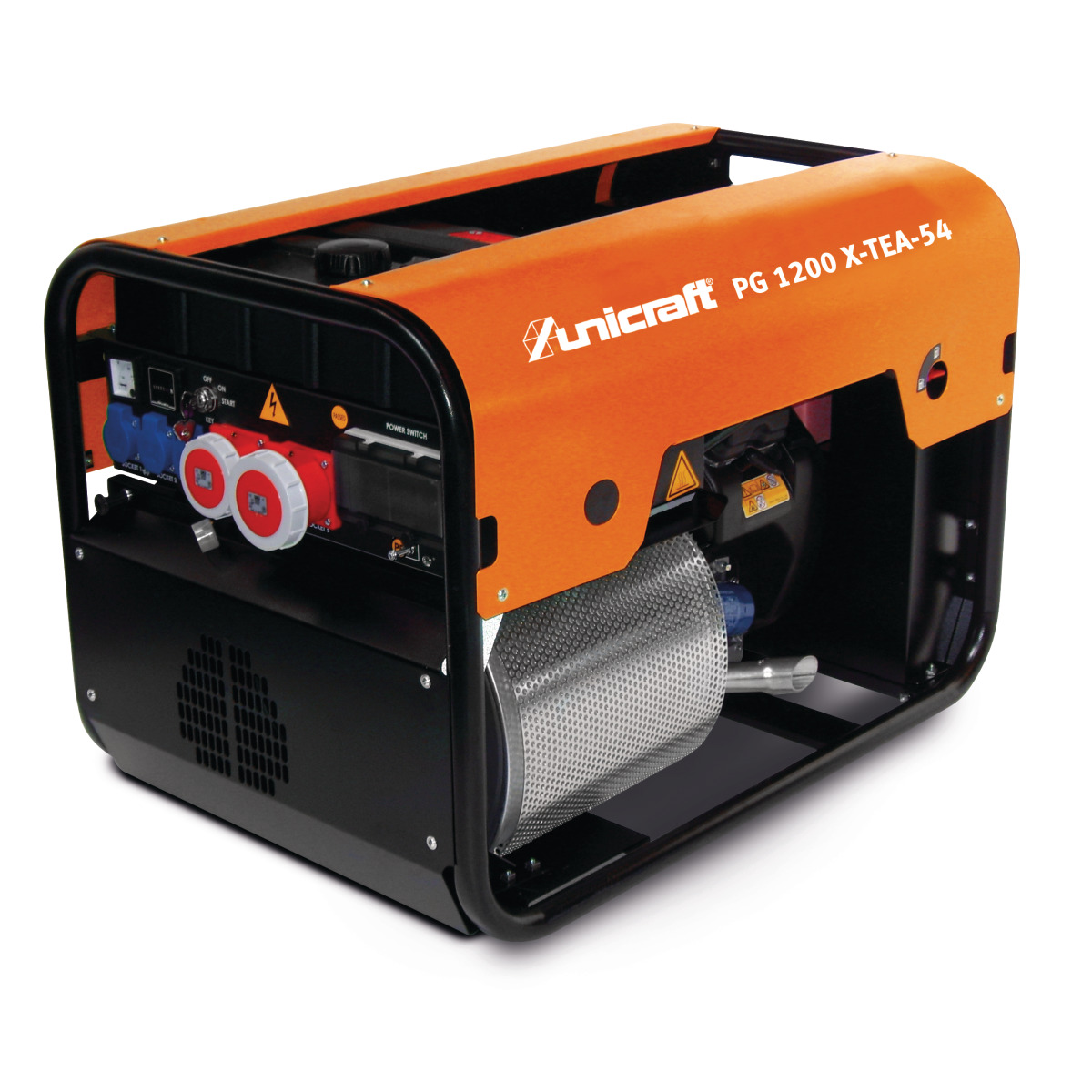 Schrägansicht eines Stromgenerators Unicraft PG 1200 X-TEA-54 mit sichtbaren Steckdosen, Motorabdeckung und Lüftungsgitter.