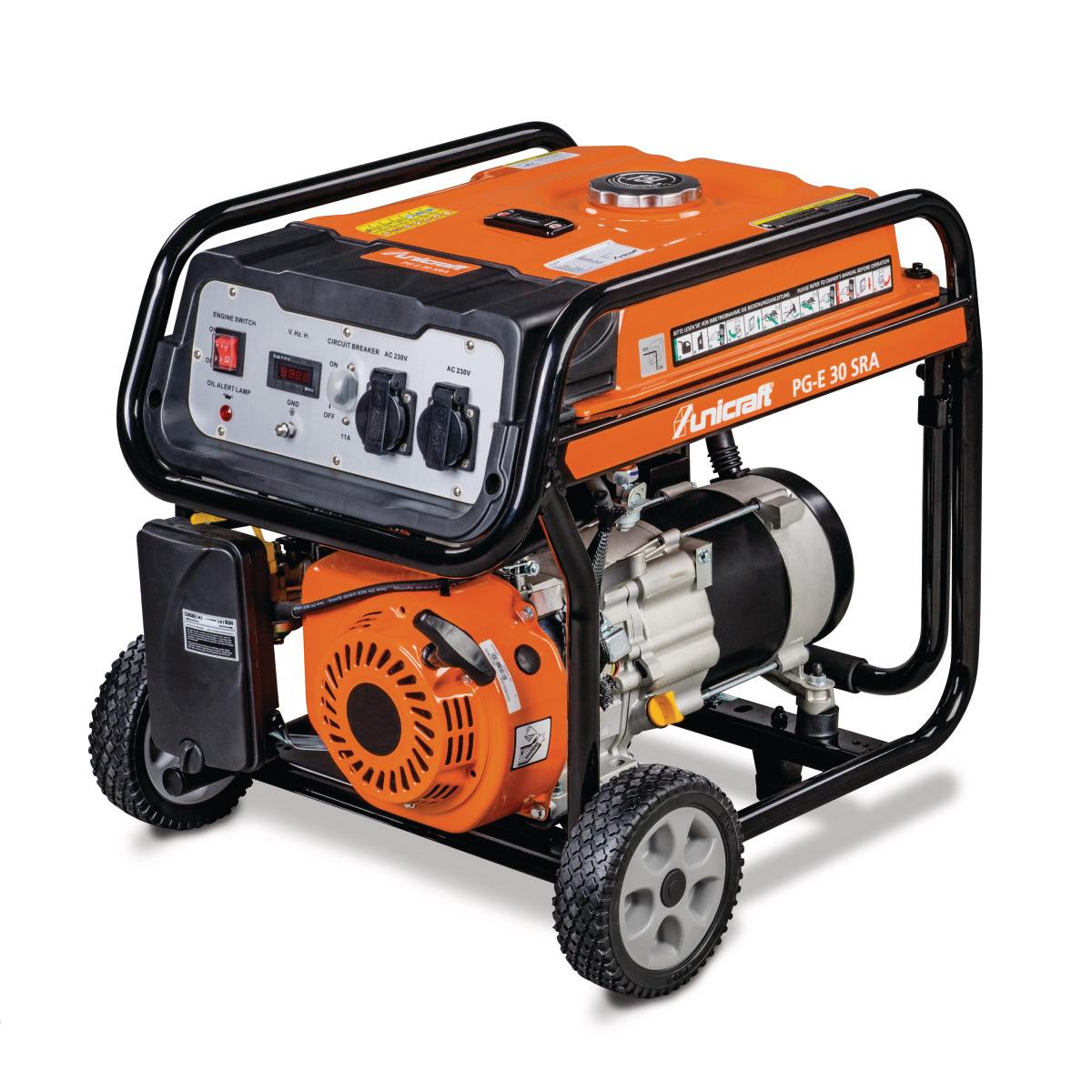 Schrägansicht des Generators mit Bedienfeld, Tank und Motor im schwarzen Rahmen.
