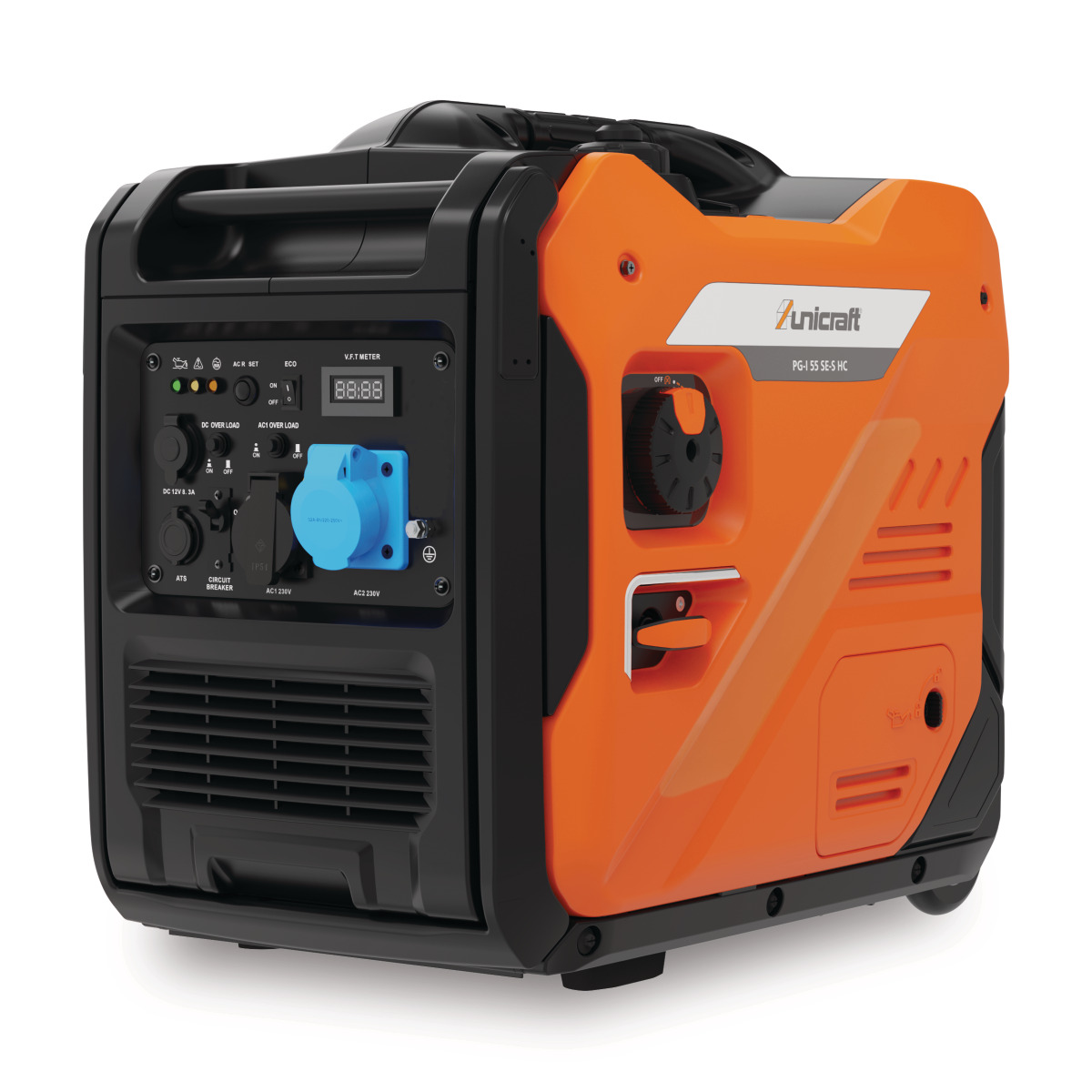 Schrägansicht des Generators mit Bedienelementen und Gehäuse.