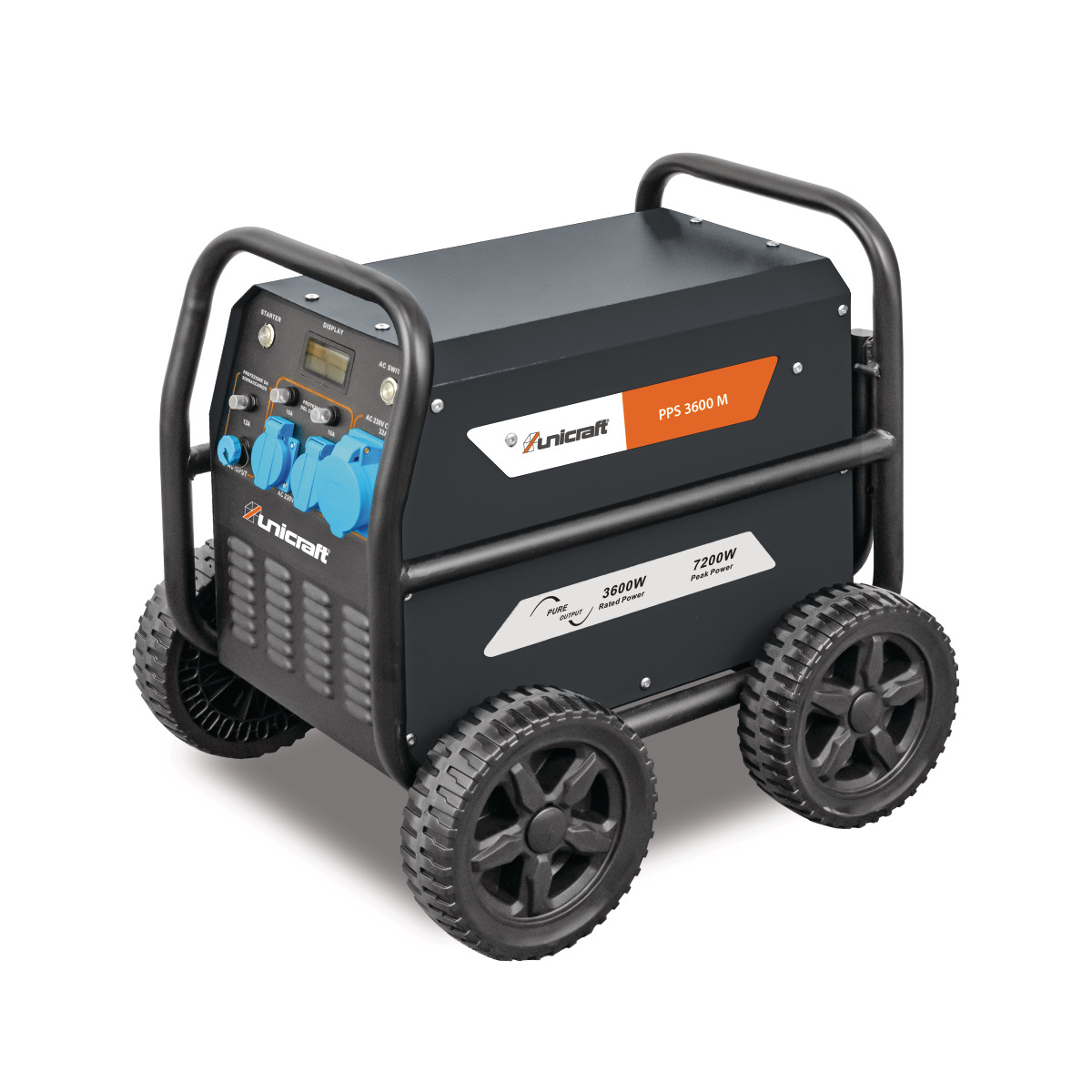 Schwarzer Stromgenerator Unicraft PPS 3600 M mit vier großen Rädern, seitliche Ansicht.