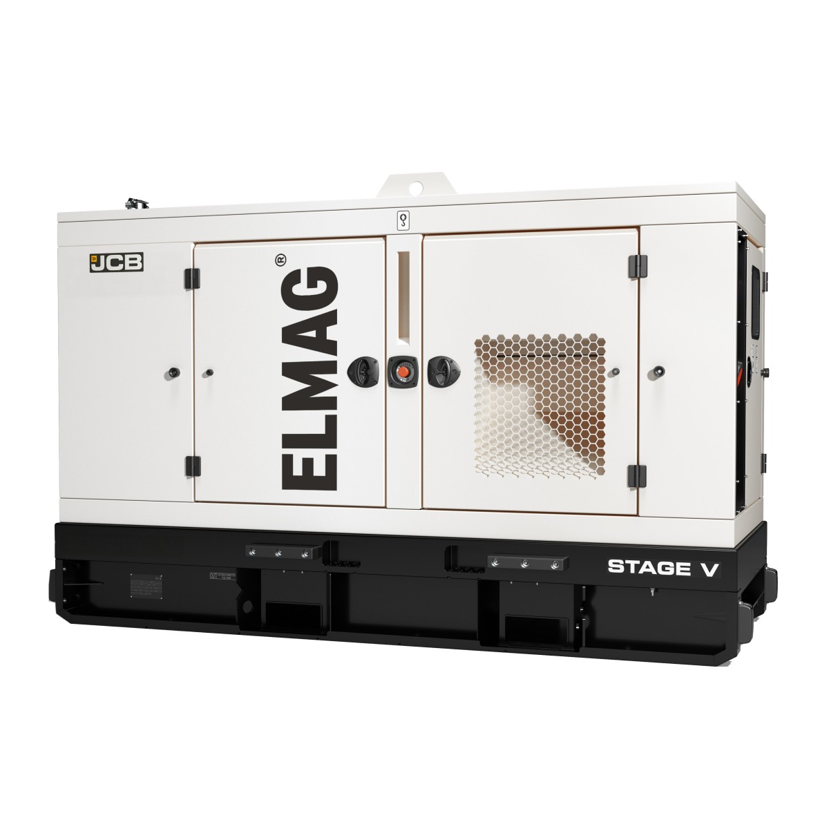 Geschlossener Stromerzeuger in weißem Gehäuse mit Lüftungsgittern, Türen und schwarzem Sockel.