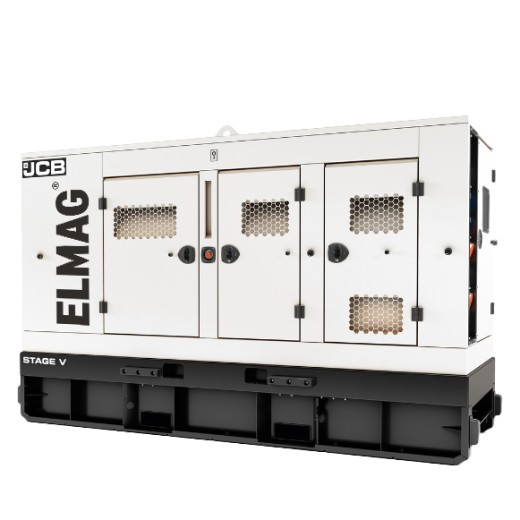 Geschlossener Stromerzeuger in weißem Gehäuse mit Lüftungsgittern, Türen und schwarzem Sockel.