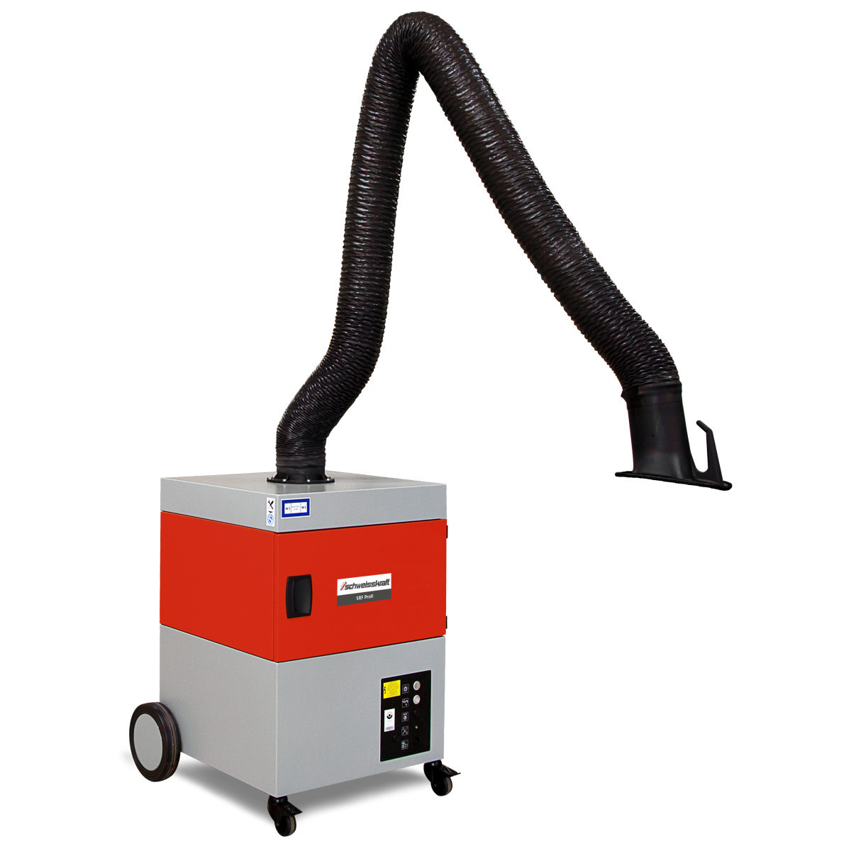 Mobile Schweißrauch-Absauganlage mit rotem/grauem Gehäuse, flexiblem Absaugarm und Haube, auf Rollen.
