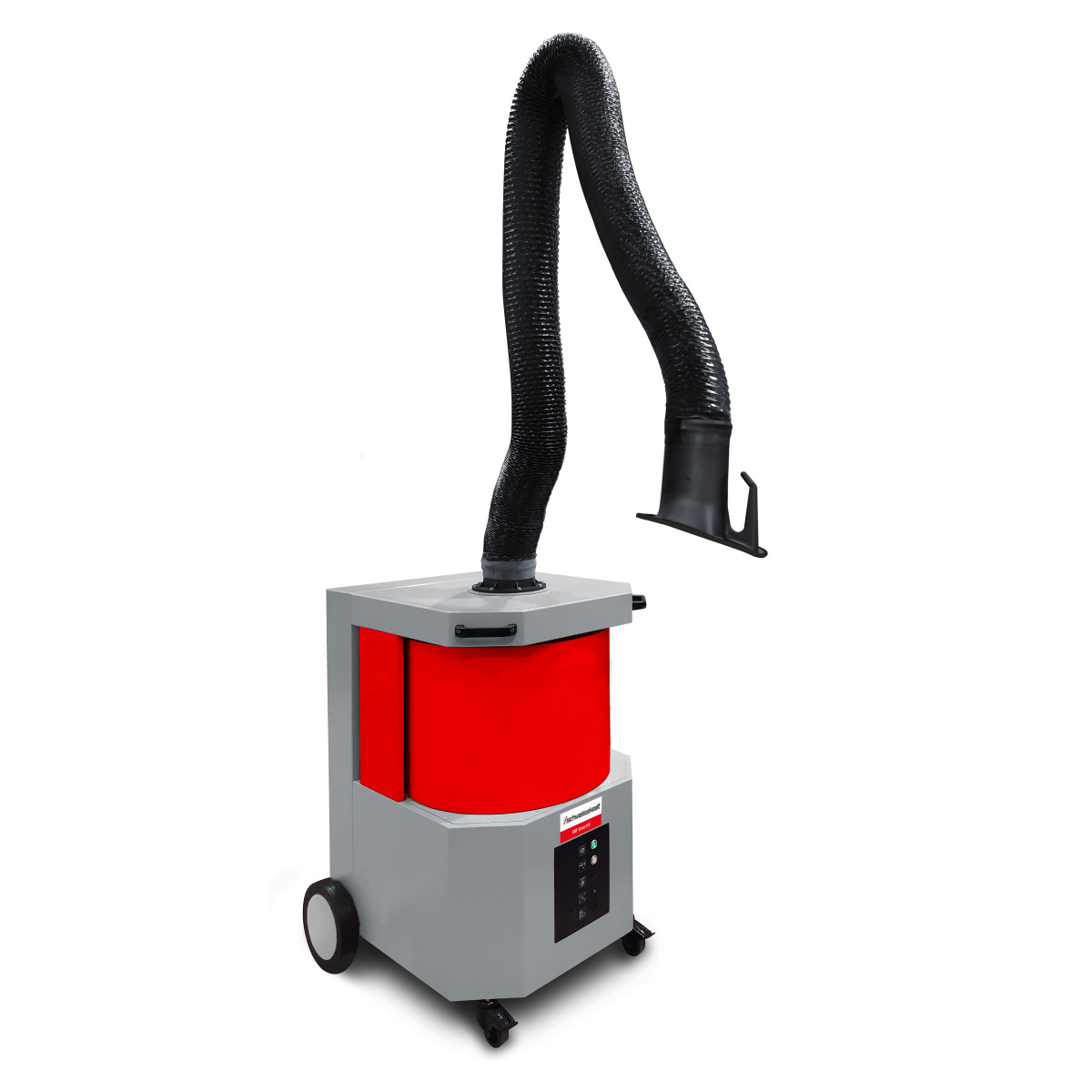 ChatGPT: Mobile Schweißrauch-Absauganlage mit rundem rotem Gehäuse, flexiblem Absaugarm mit Haube und Fahrrollen.