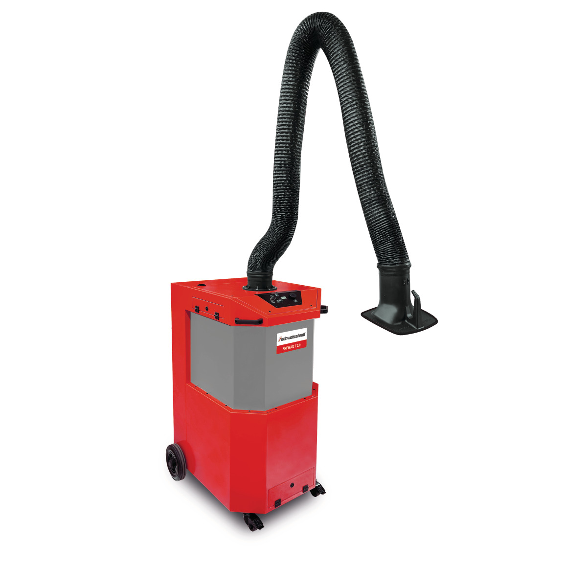 Rotes mobiles Schweißrauch-Absauggerät mit flexiblem schwarzem Absaugarm.