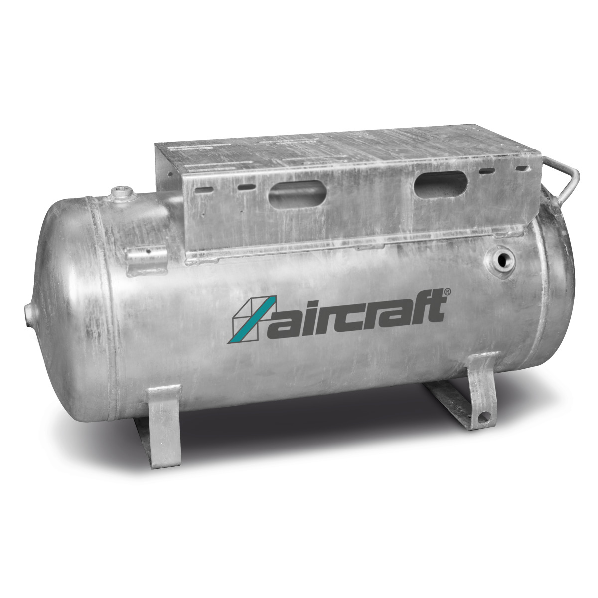 Zylindrischer Metall-Druckluftbehälter mit Standfüßen, Anschlussöffnungen und Aircraft-Logo.