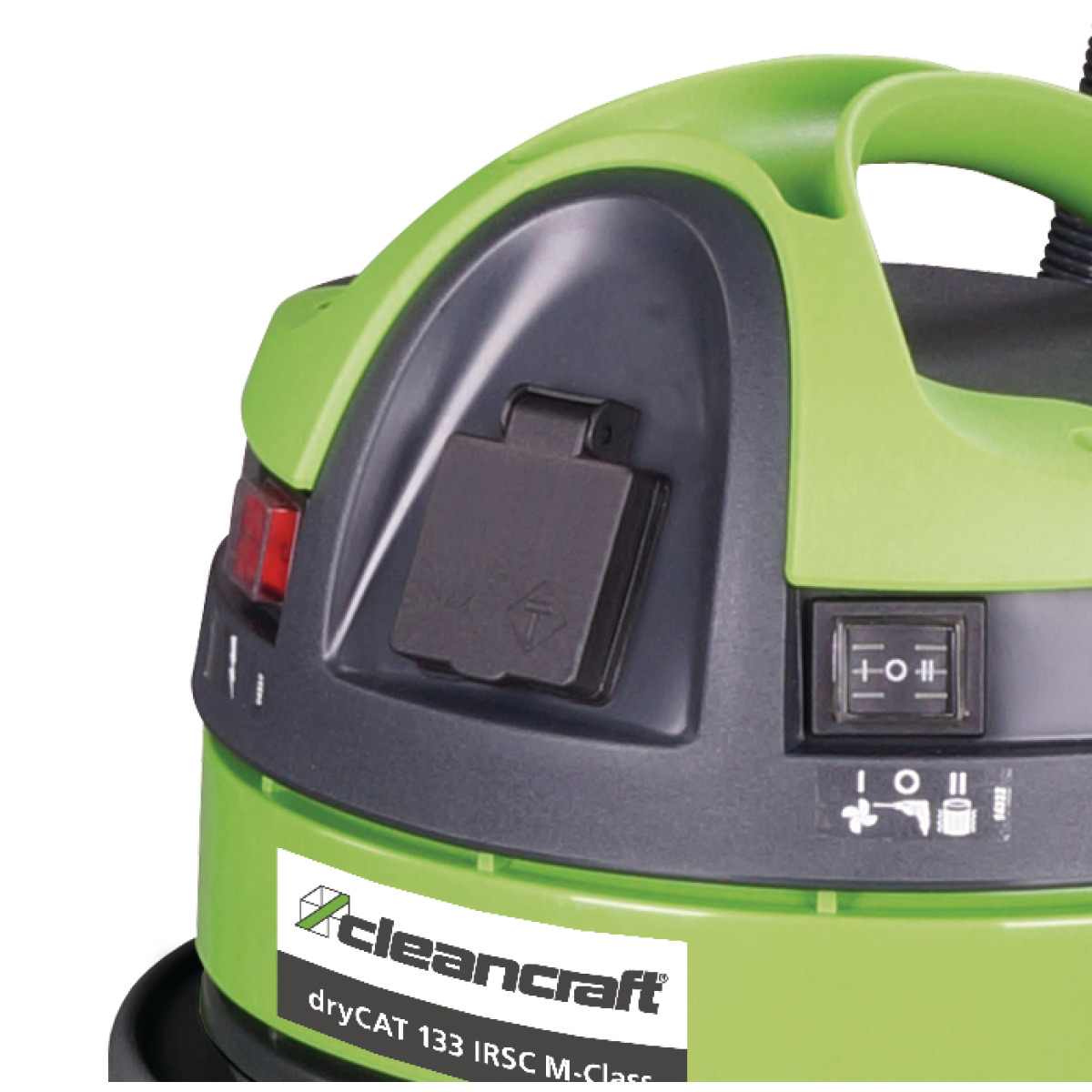 Industrie-Trockensauger dryCAT 133 IRSC M-Class Detailaufnahme des Bedienfelds und Steckers am grünen Staubsaugerdeckel.