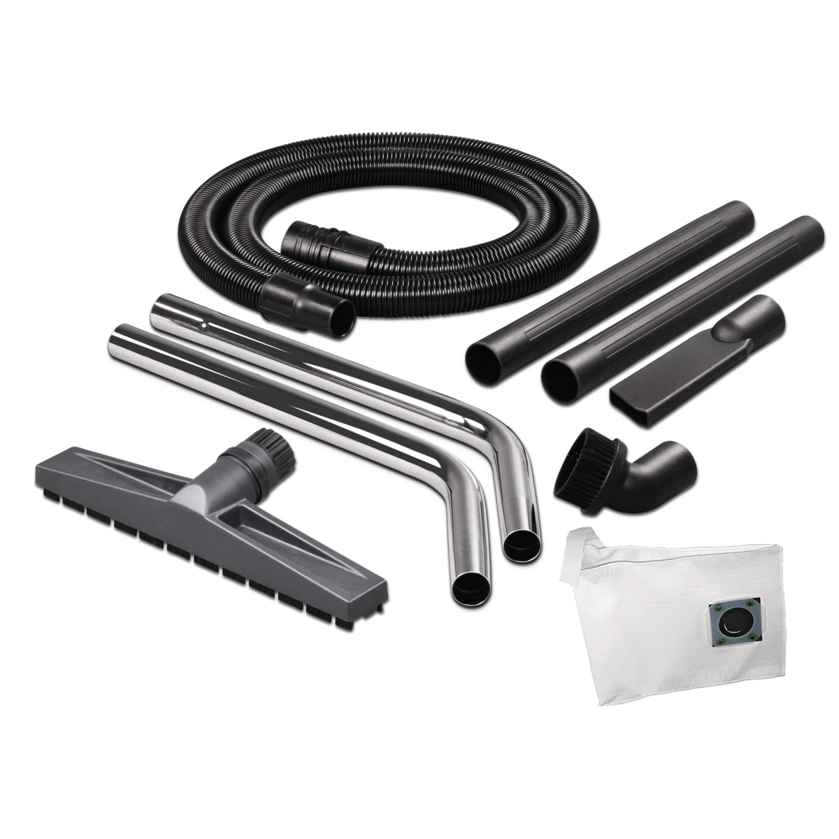 Industrie-Trockensauger dryCAT 133 IRSC M-Class Zubehörset mit Saugschlauch, Rohren, Bürste, Bodendüse und Staubbeutel auf weißem Hintergrund.