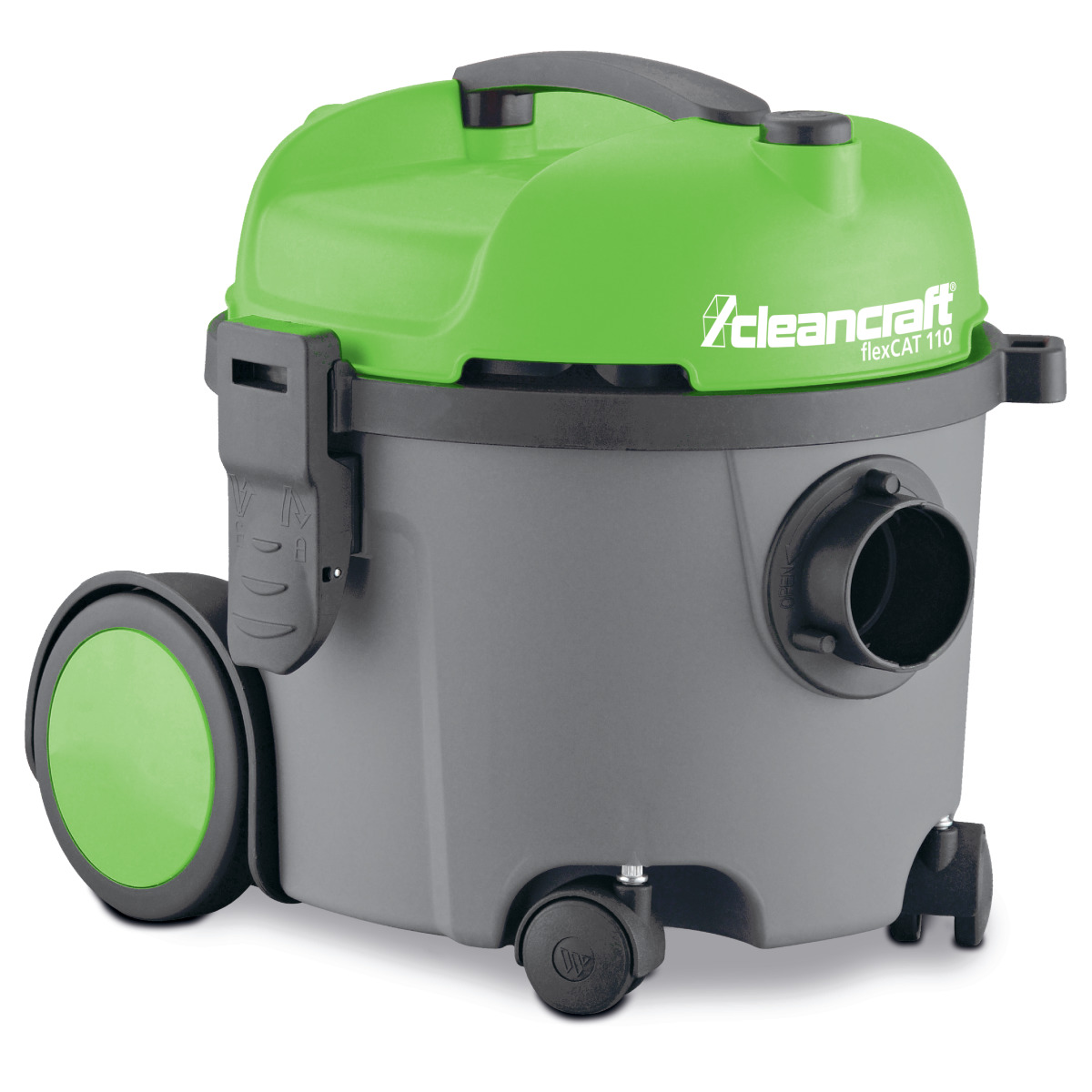 Seitenansicht des Cleancraft flexCAT 110 mit großen grünen Hinterrädern.