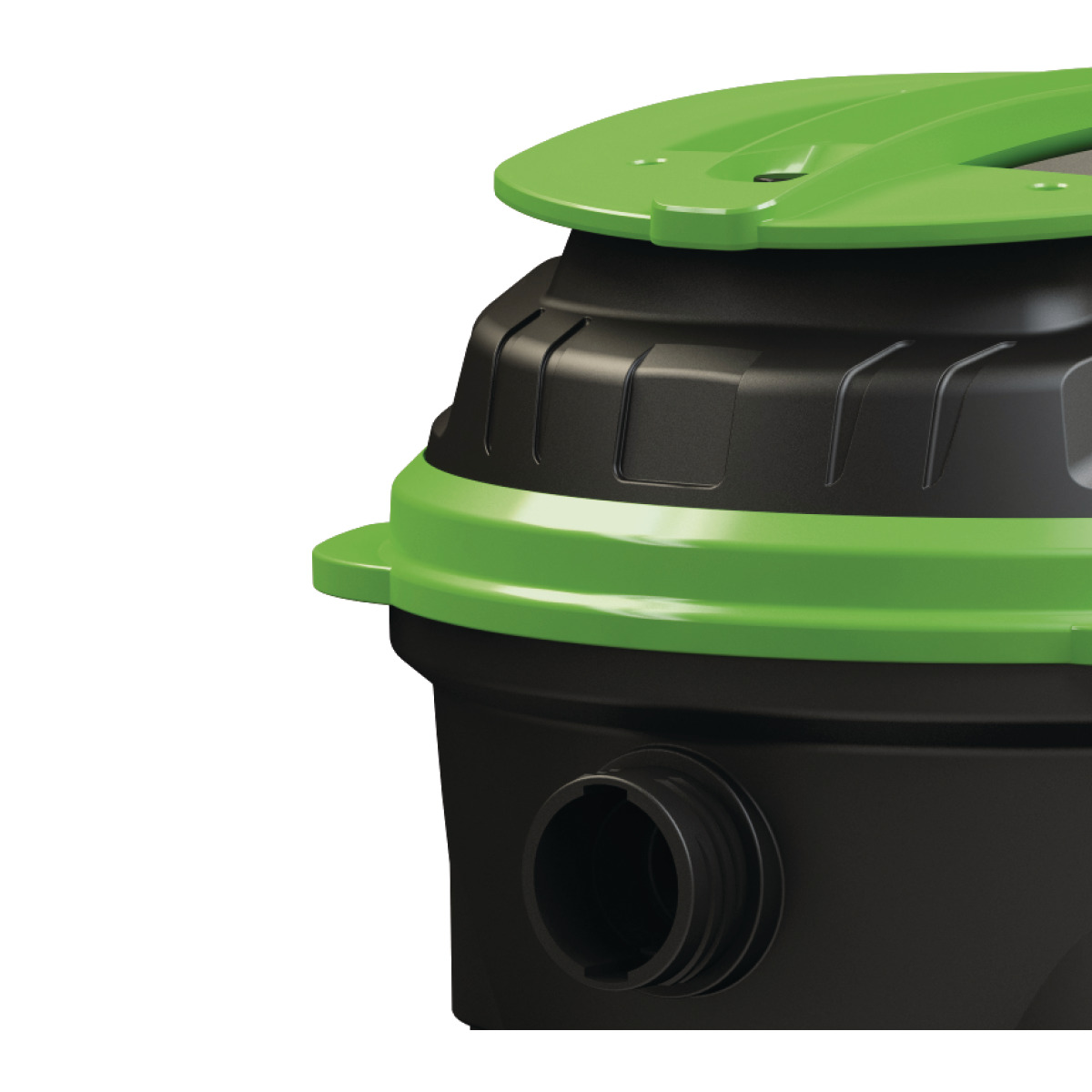 Industrie-Trockensauger flexCAT 116 Q Detailaufnahme des grünen Staubsaugerdeckels mit Sauganschluss.