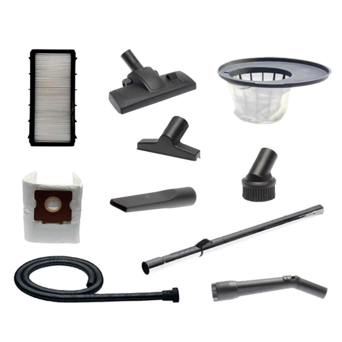 Industrie-Trockensauger flexCAT 116 Q Zubehörset für Staubsauger mit Filtern, Düsen, Schlauch und Teleskoprohr auf weißem Hintergrund.