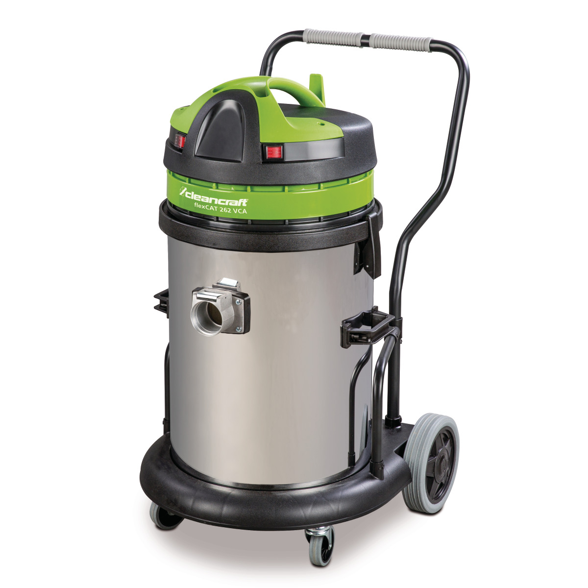 Trockensauger mit Edelstahlbehälter und Fahrgriff, grün-schwarzer Deckel, Schrägansicht.