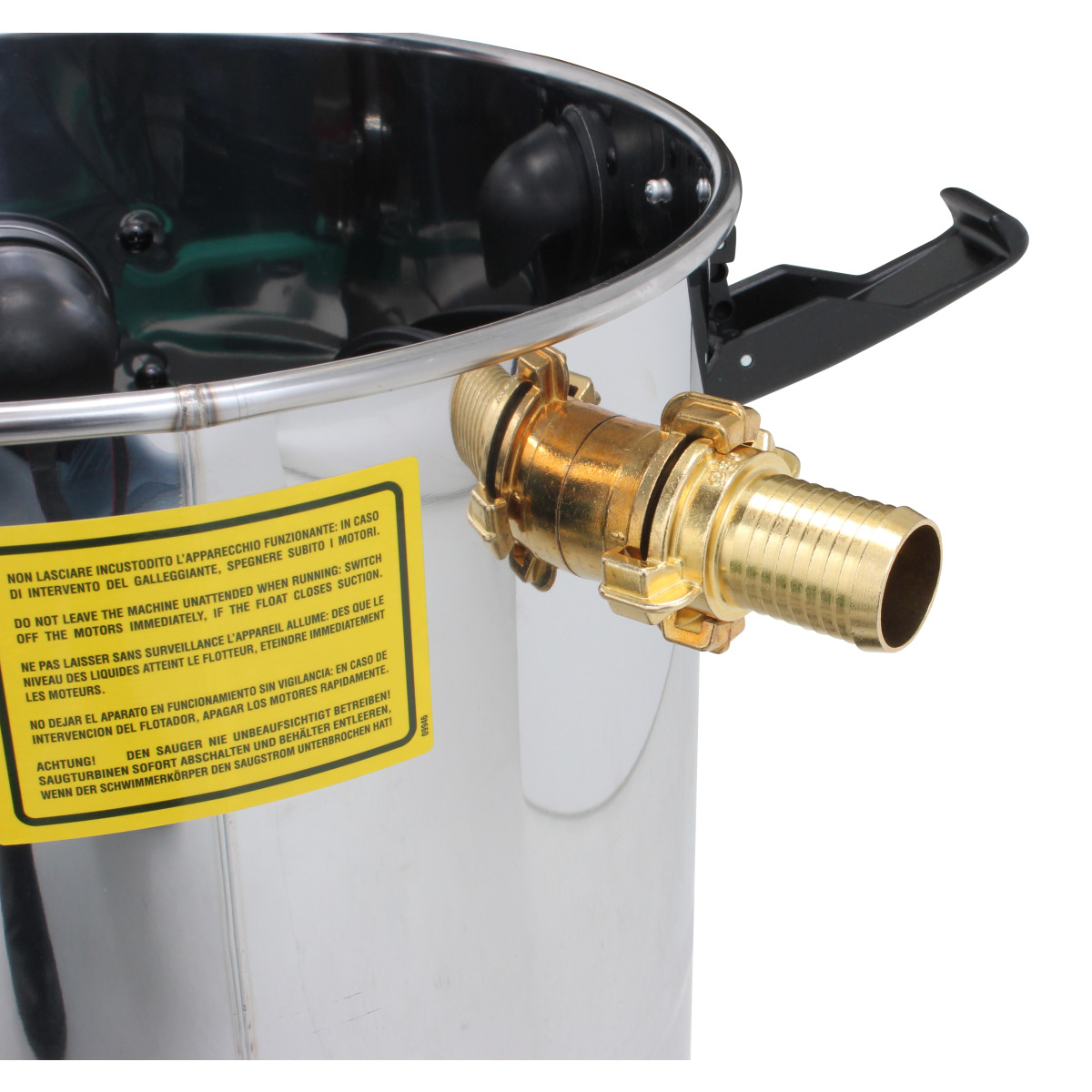 Messingablaufventil mit gelbem Warnetikett an einem Edelstahlbehälter.