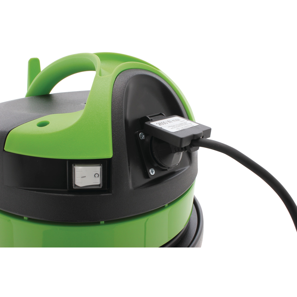 Detailansicht des grünen Gerätekopfs mit Netzschalter und Stromanschluss.