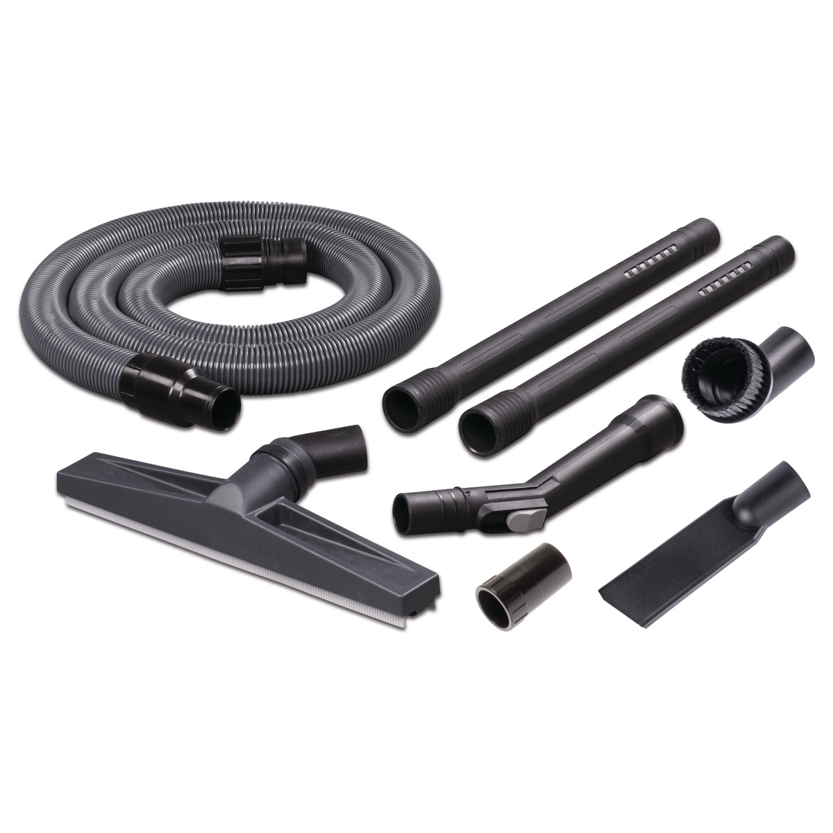 Zubehörset mit Schläuchen, Rohren, Bürste und Düsen für einen Nasssauger.