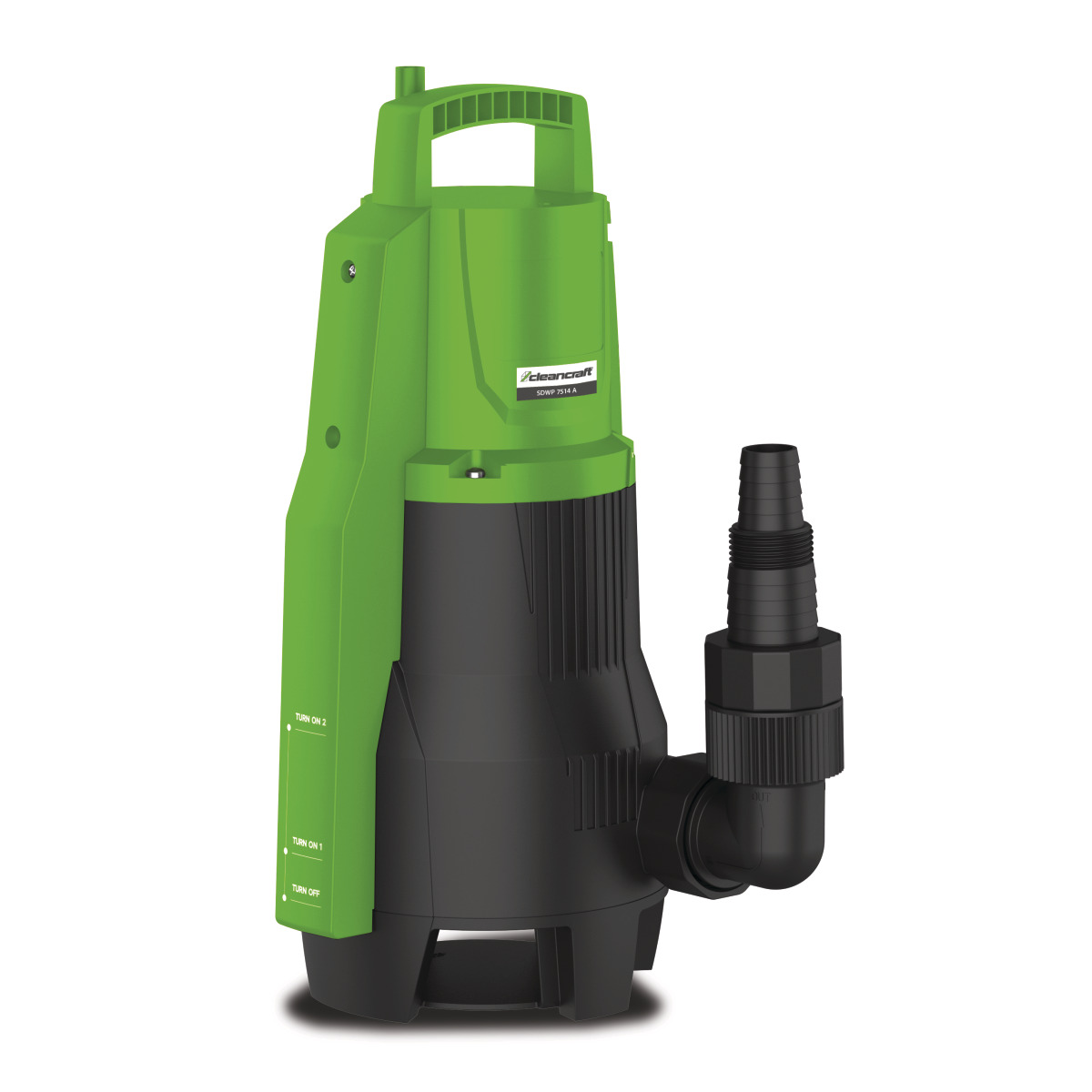 Grün-schwarze Tauchpumpe mit Tragegriff und seitlichem Schlauchanschluss für Wasserförderung.