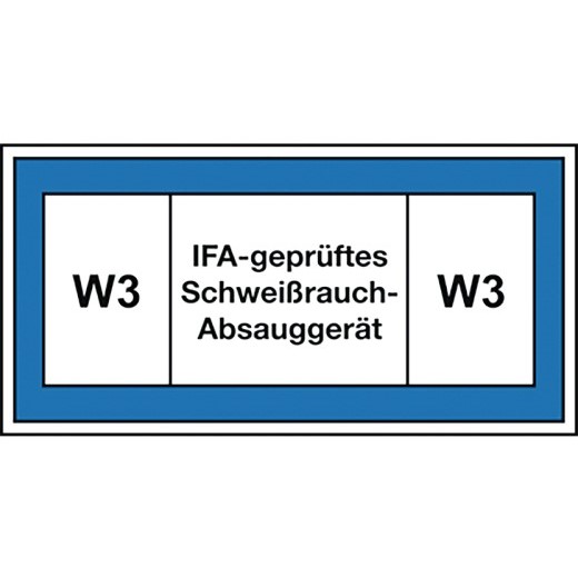 Blau-weißes IFA-Siegel mit Text „W3 IFA-geprüftes Schweißrauch-Absauggerät“
