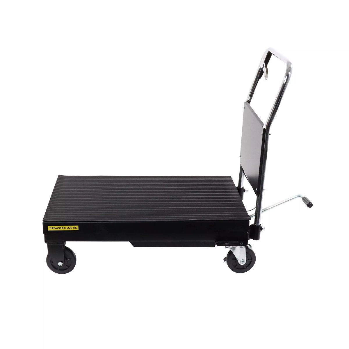 Flacher Hubtischwagen mit klappbarem Griff, vier Rollen und geschlossener Plattform, Belastbarkeit 225 kg.
