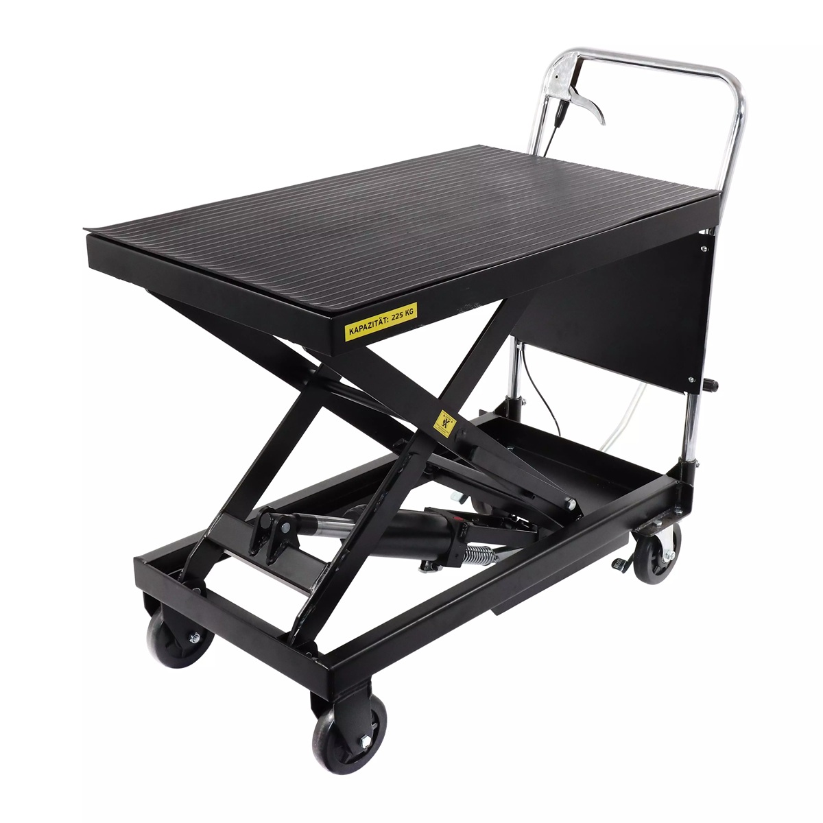 Scherenhubtisch mit angehobener Plattform, stabilem Rahmen und vier Lenk- und Bockrollen.