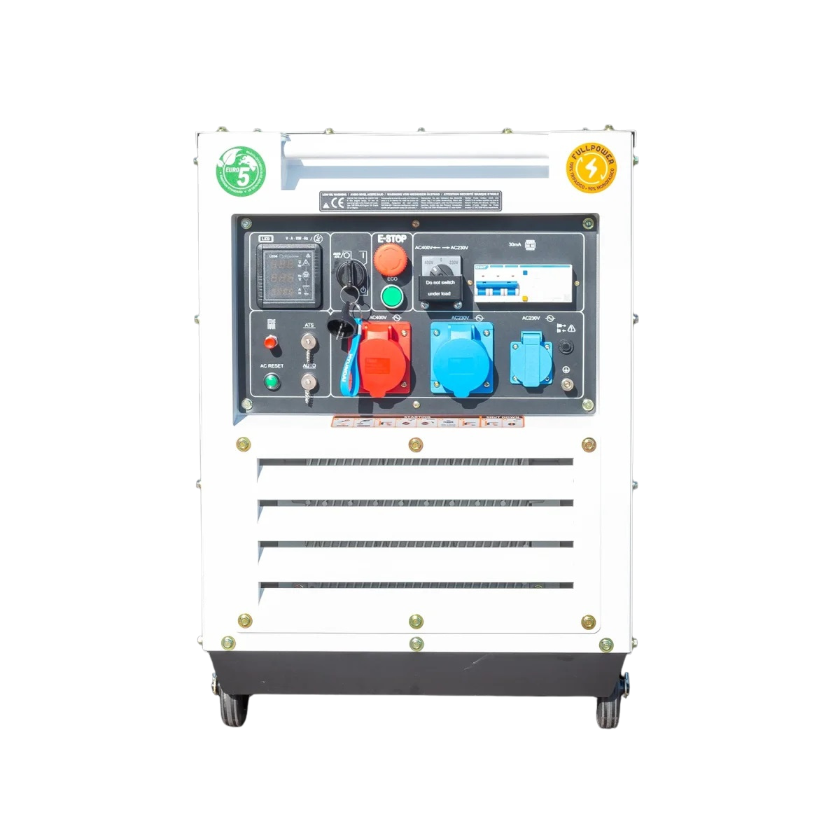 Hyundai Stromerzeuger DHY9000 SEi-T Frontansicht des Hyundai DHY9000SEI-T Stromerzeugers mit Bedienfeld oben und großem Lüftungsgitter darunter.
