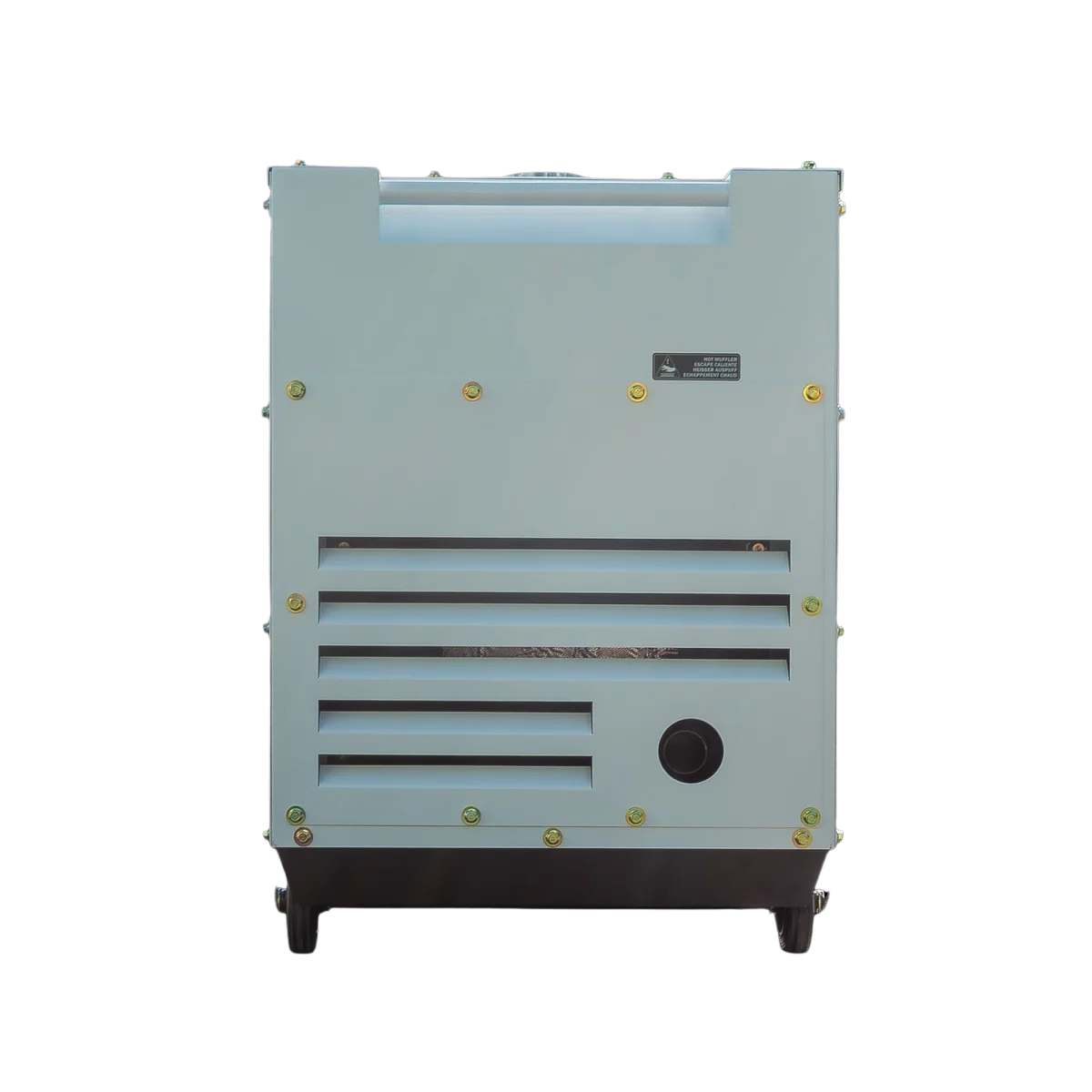 Hyundai Stromerzeuger DHY9000 SEi-T Rückseite des geschlossenen Hyundai DHY9000SEI-T Stromerzeugers mit Lüftungsschlitzen und runder Serviceöffnung.