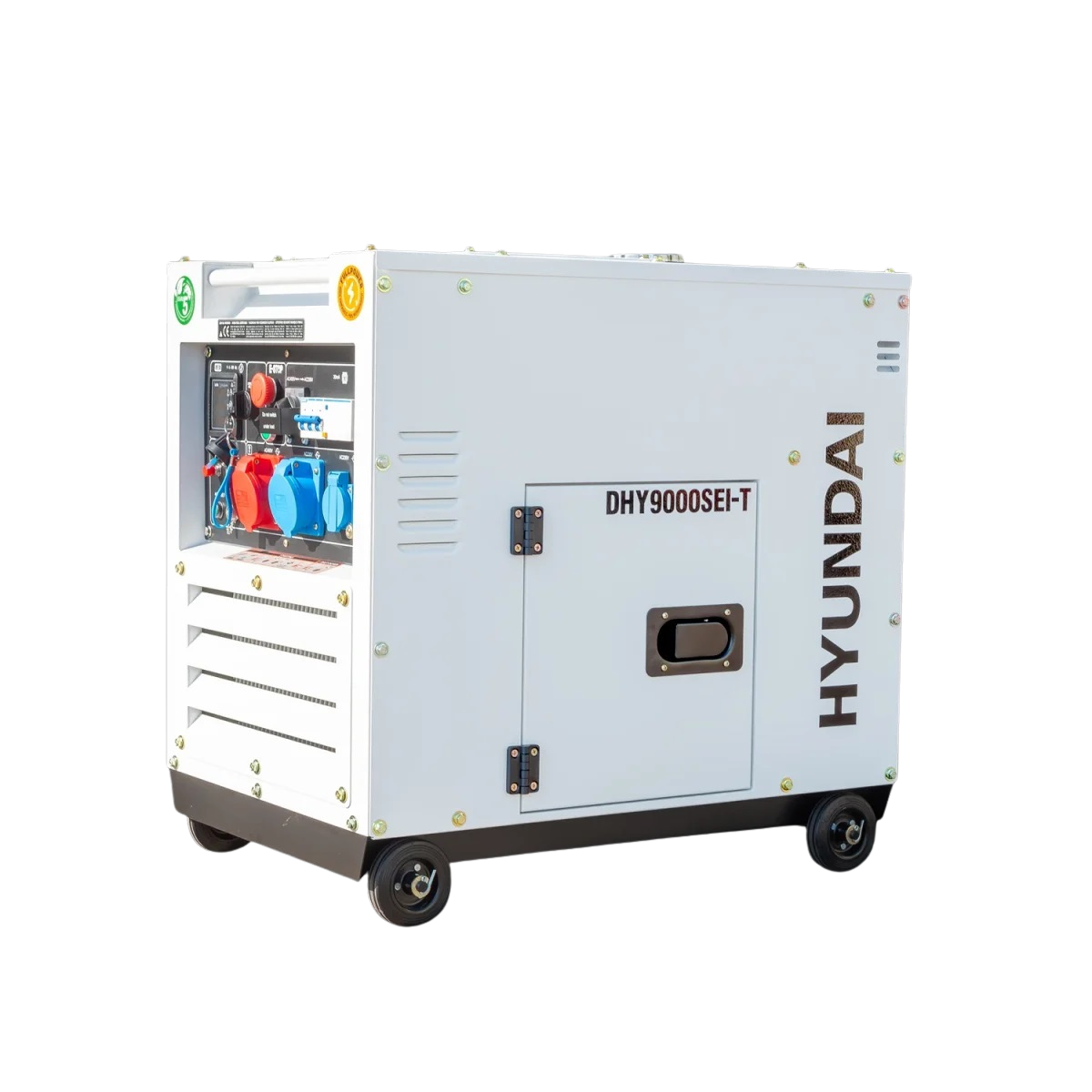 Hyundai Stromerzeuger DHY9000 SEi-T Hyundai DHY9000SEI-T Stromerzeuger auf Rollen, seitliche Ansicht mit sichtbarem Bedienfeld und geschlossenem Gehäuse.