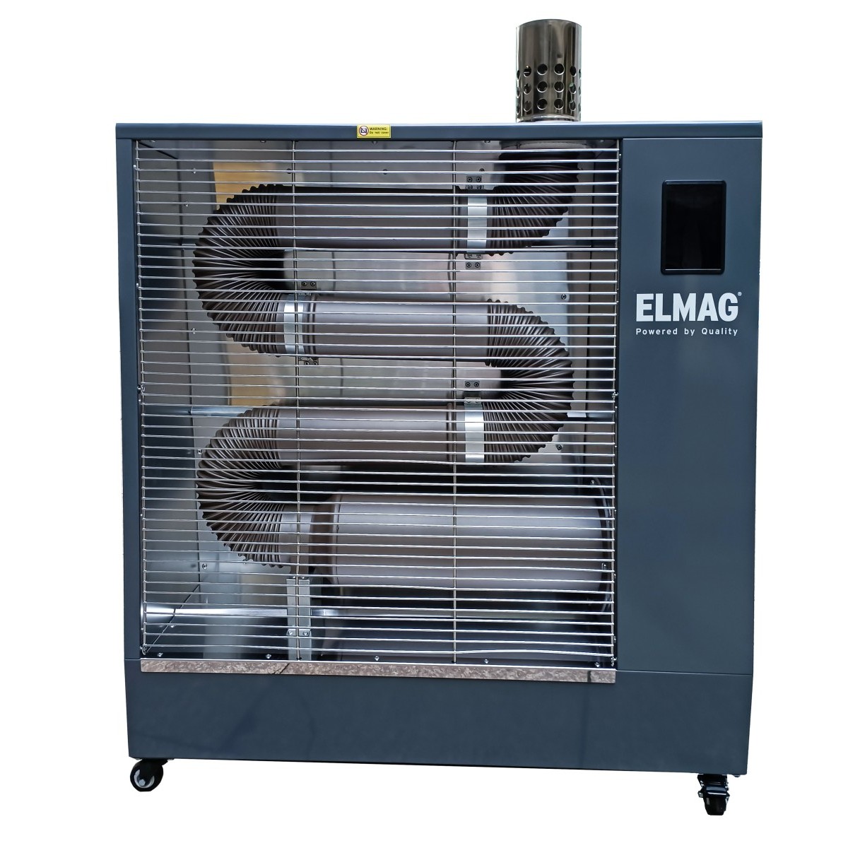 Großes Infrarot-Dieselheizgerät mit sichtbaren Heizelementen hinter einem Metallgitter, rechteckigem Gehäuse und Rollen unten.