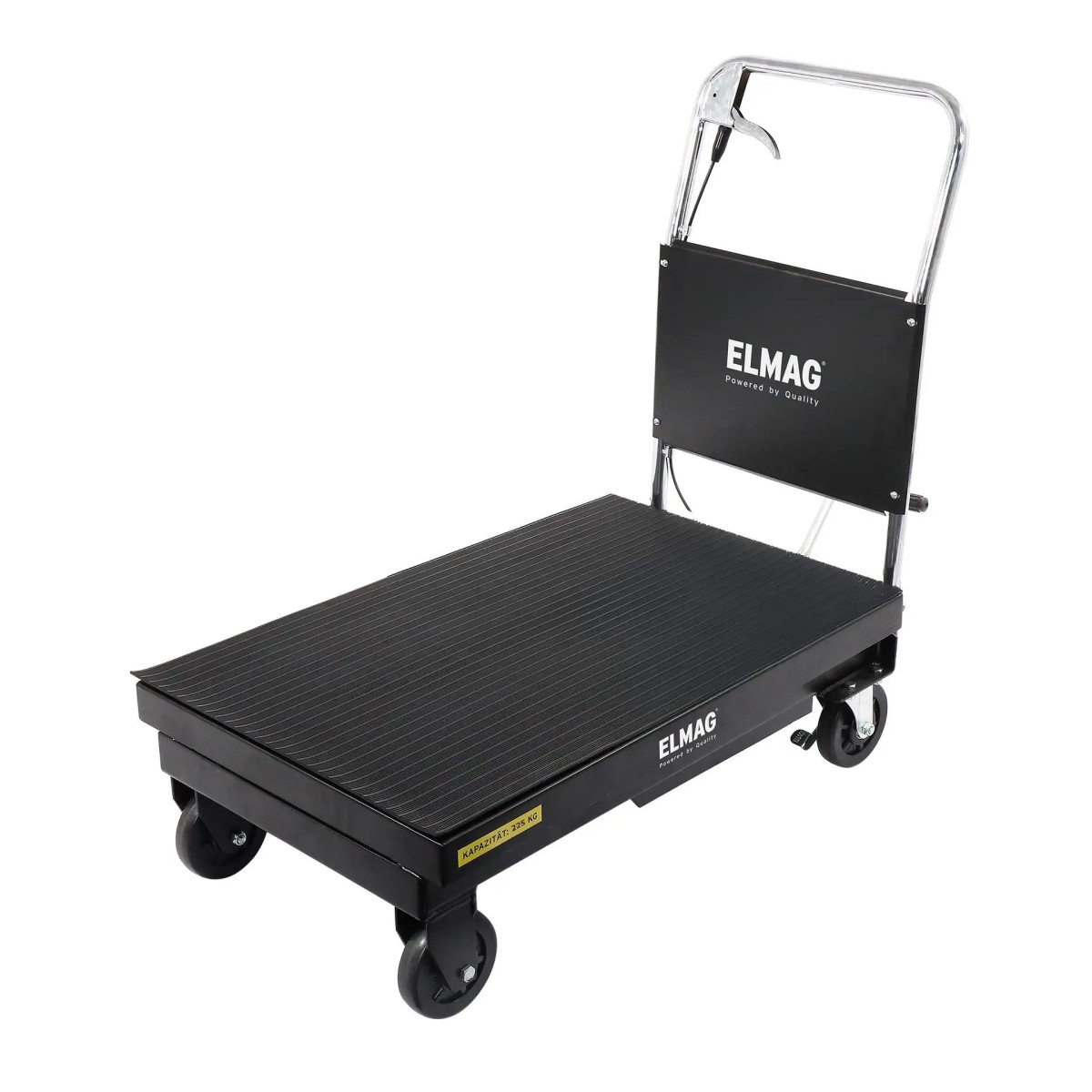 Hubtischwagen abgesenkt in Schrägansicht: schwarze rutschfeste Plattform, Chrom-Griffbügel mit Handhebel, vier Rollen.