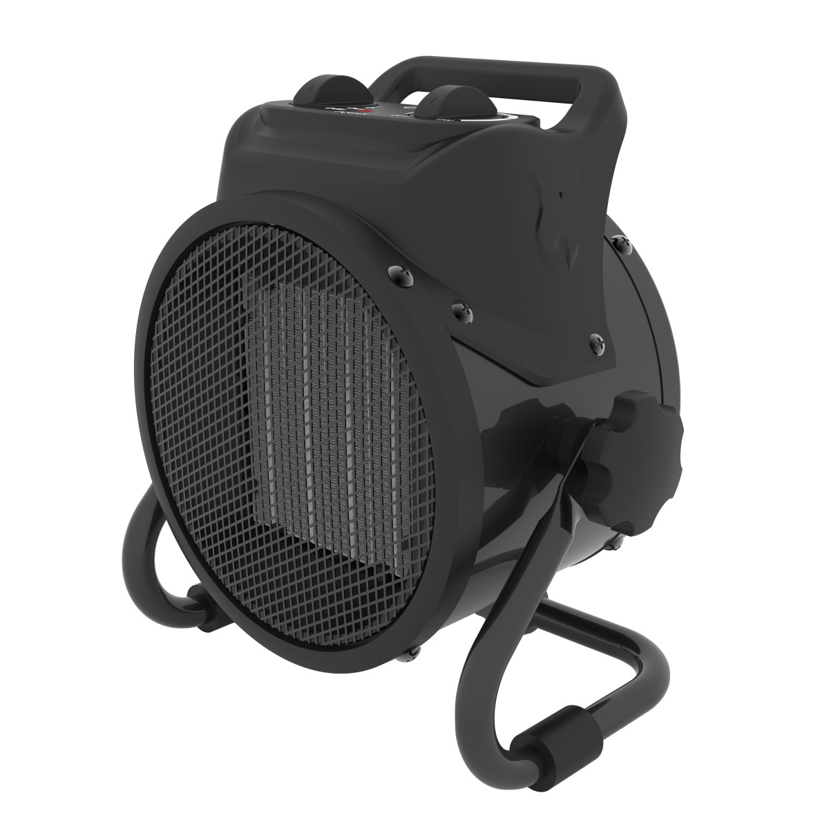 Schwarzer elektrischer Heizlüfter in Zylinderform mit Frontgitter, Griff und verstellbarem Standbügel, schräg von vorn fotografiert.