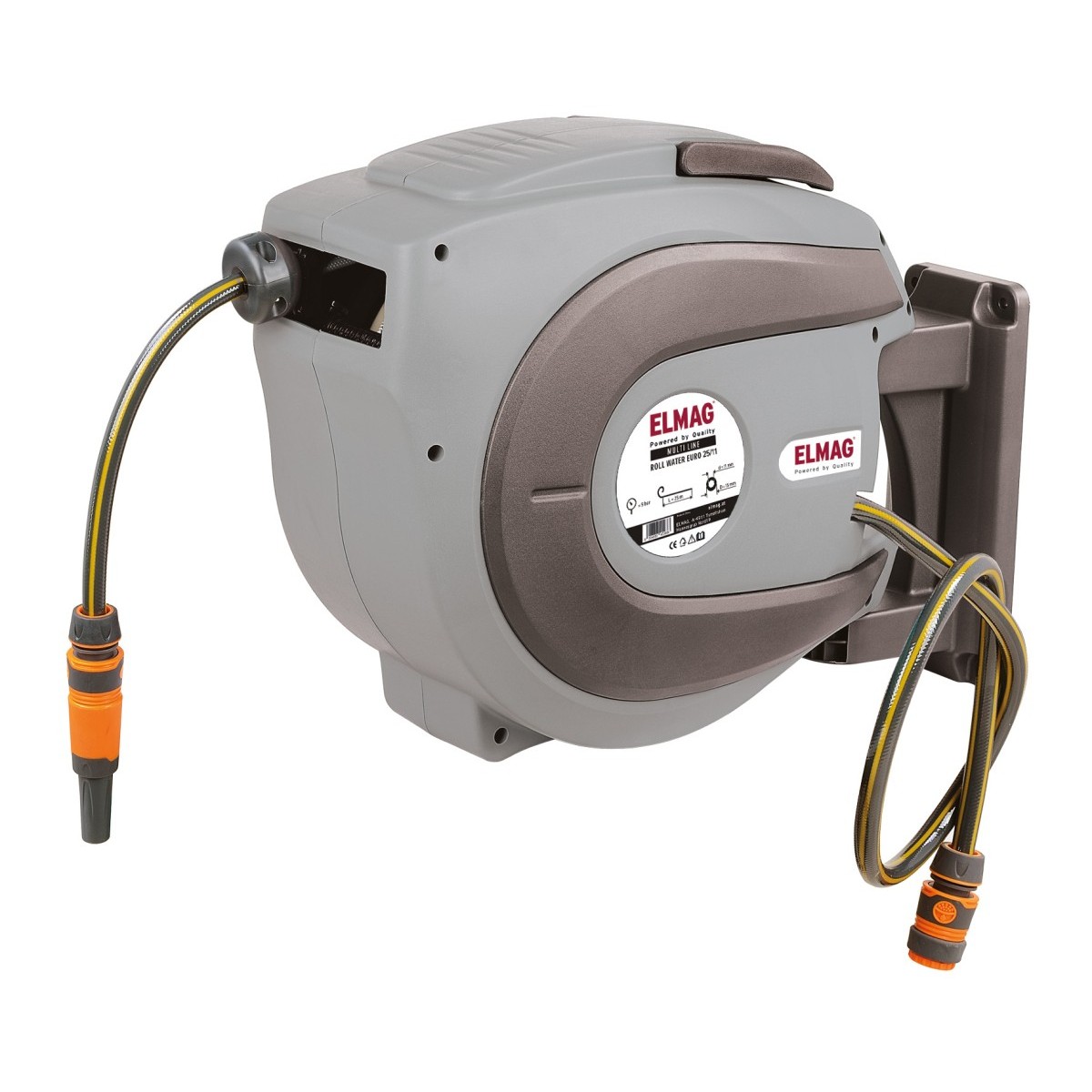 Automatischer Wasserschlauchaufroller zur Wandmontage mit grauem Kunststoffgehäuse, angeschlossenem Gartenschlauch und Schnellkupplungen an beiden Enden.