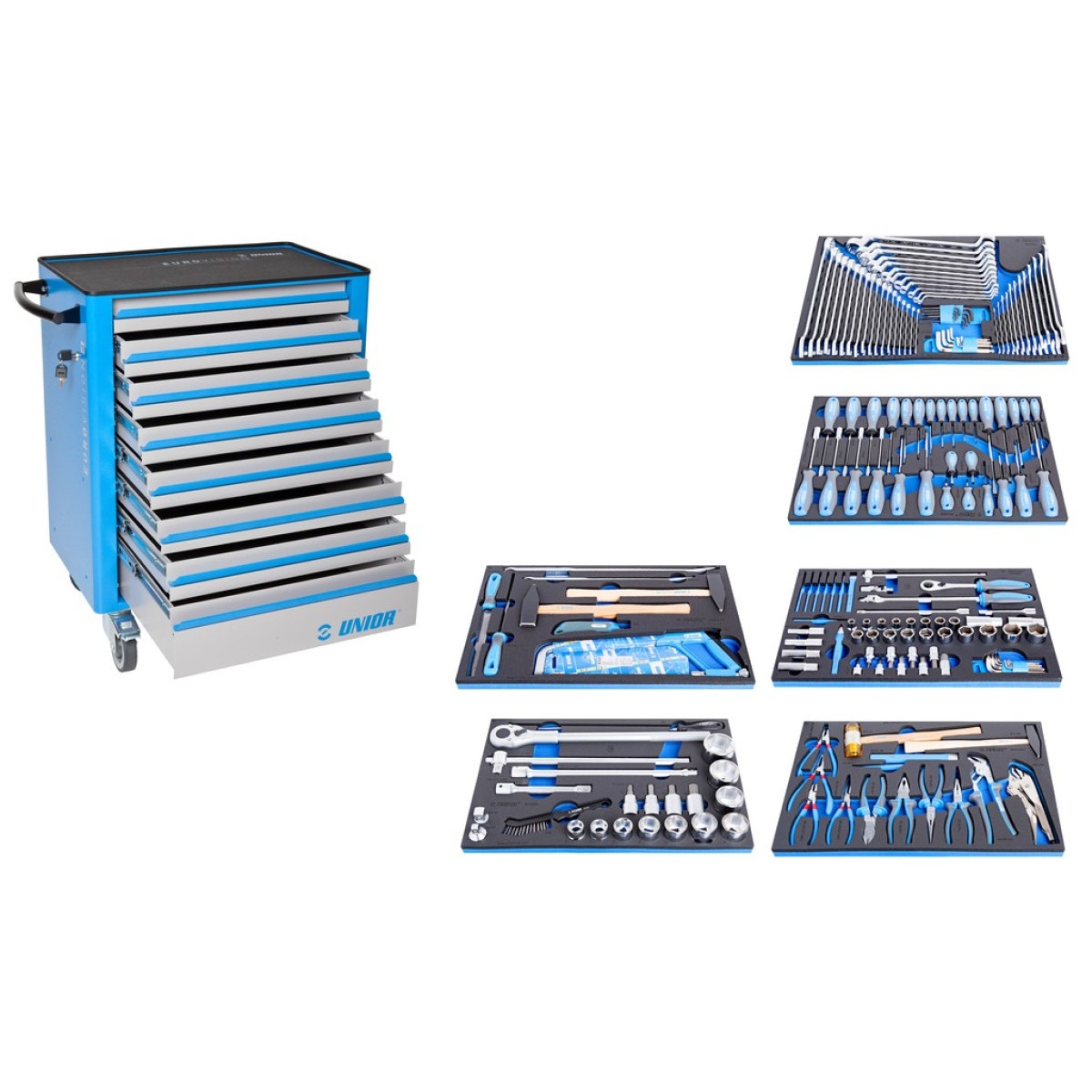 Blauer Werkzeugwagen mit mehreren geöffneten Schubladen; rechts daneben fünf Schaumstoffeinlagen mit Werkzeugsets.