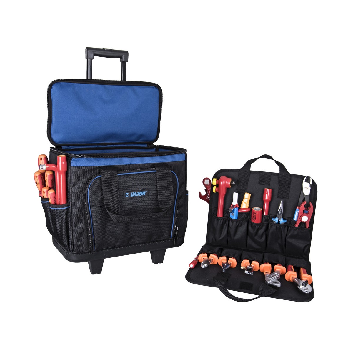 Schwarz-blaue Rolltasche mit ausgezogenem Teleskopgriff, Deckel offen; daneben aufgeklappte Werkzeugrolle mit Zangen und Schraubendrehern.