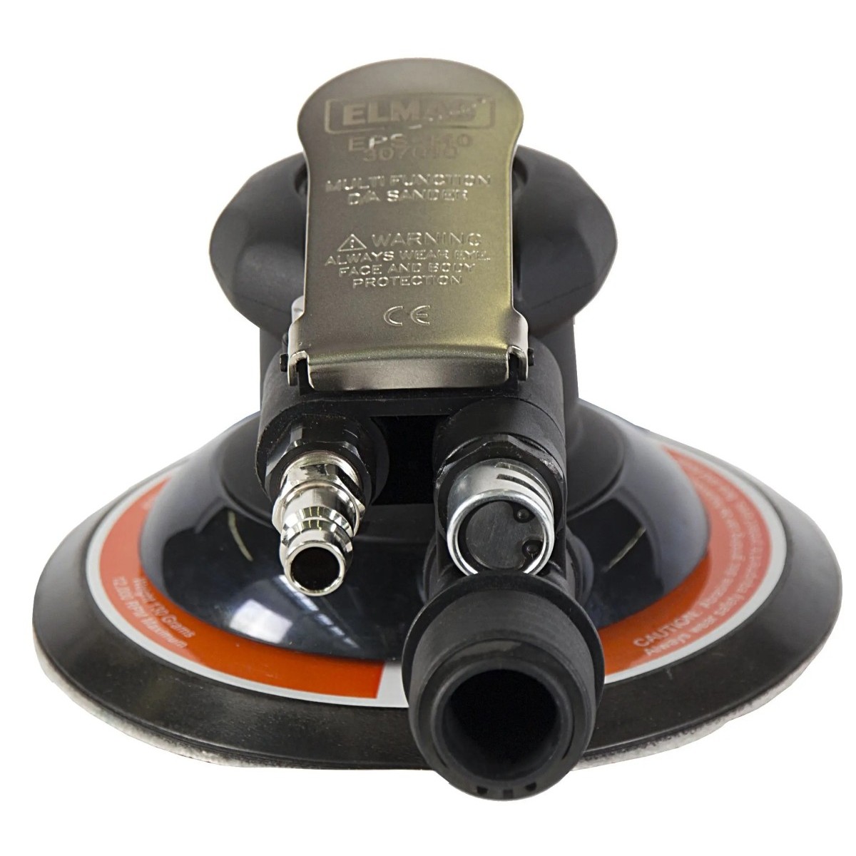 DL-Exzenterschleifer EPS 446 Vorderansicht des Druckluft-Exzenterschleifers mit Hebel, Luftkupplung und großem Absaugstutzen am Schleifteller.