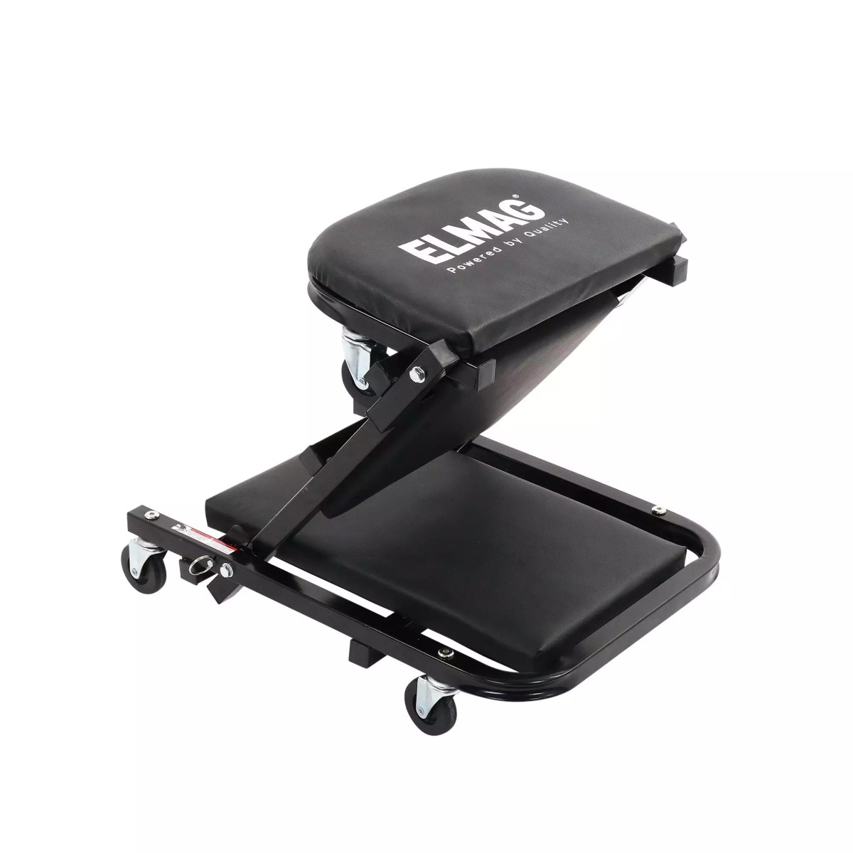 Schwarzes Rollbrett/Sitz mit Rollen, gepolsterter Liegefläche und hochgestelltem Kopfteil mit ELMAG-Aufdruck.