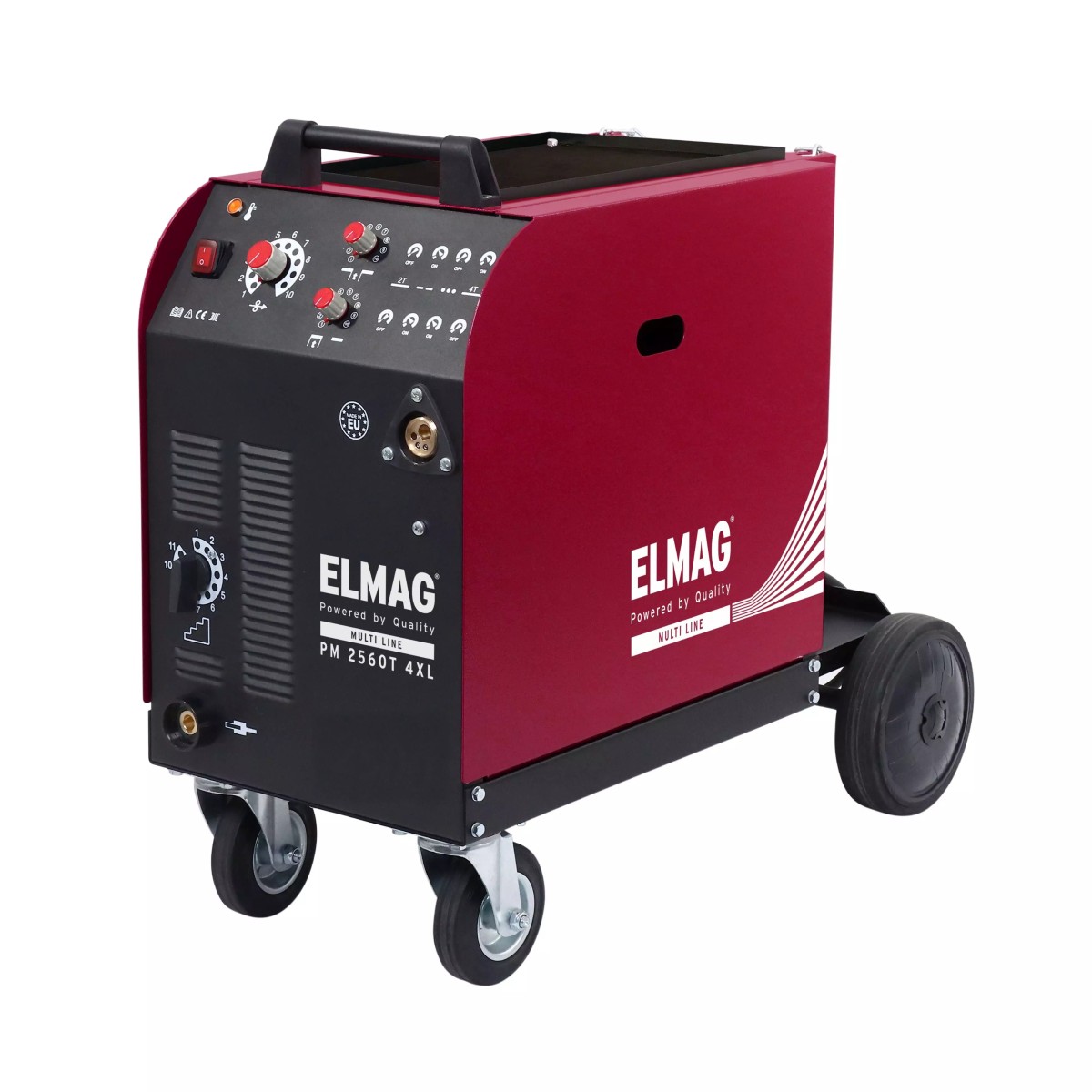 Schutzgas-Schweißanlage PM 2560T 4XL Schrägansicht eines rot-schwarzen Schweißgeräts auf Fahrgestell mit Rollen, Front-Bedienfeld und ELMAG-Schriftzug.