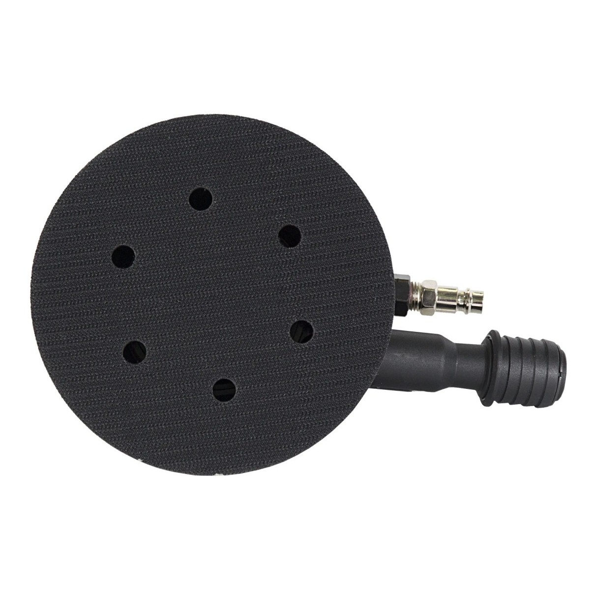 DL-Exzenterschleifer EPS 446 Unterseite: runder Klett-Schleifteller mit Absauglöchern, seitlicher Druckluftanschluss und Absaugstutzen.