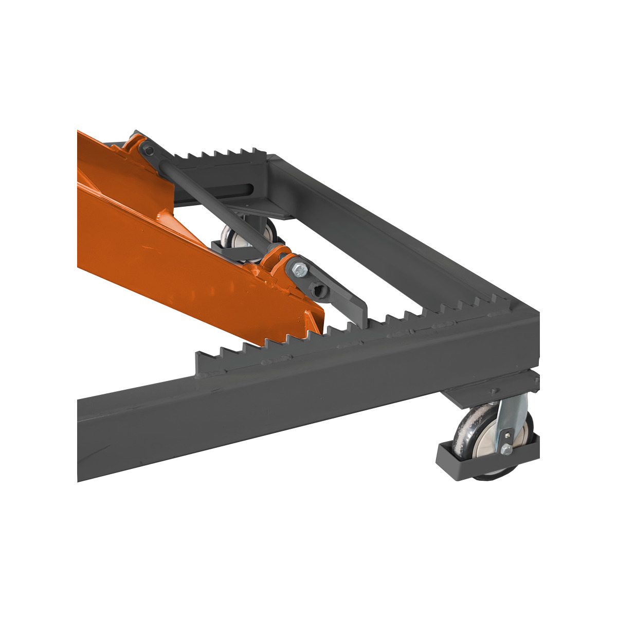 Höhenverstellbarer Arbeitstisch HT 301 L Detail: orange Scherenarm am schwarzen Rahmen, gezahnte Auflageleiste, Gestänge und Rolle, weißer Hintergrund.