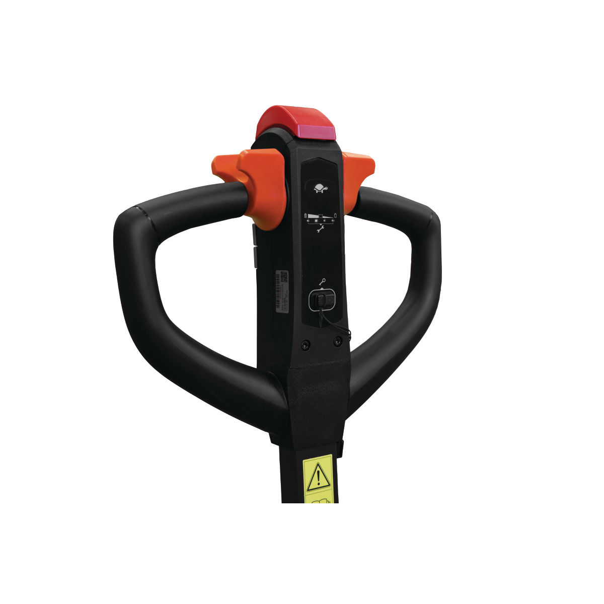 Elektrischer Gabelhubwagen EHW 15 E Nahaufnahme der Deichsel: schwarzer Griff mit orange Bedientasten und roter Taste oben, weißer Hintergrund.