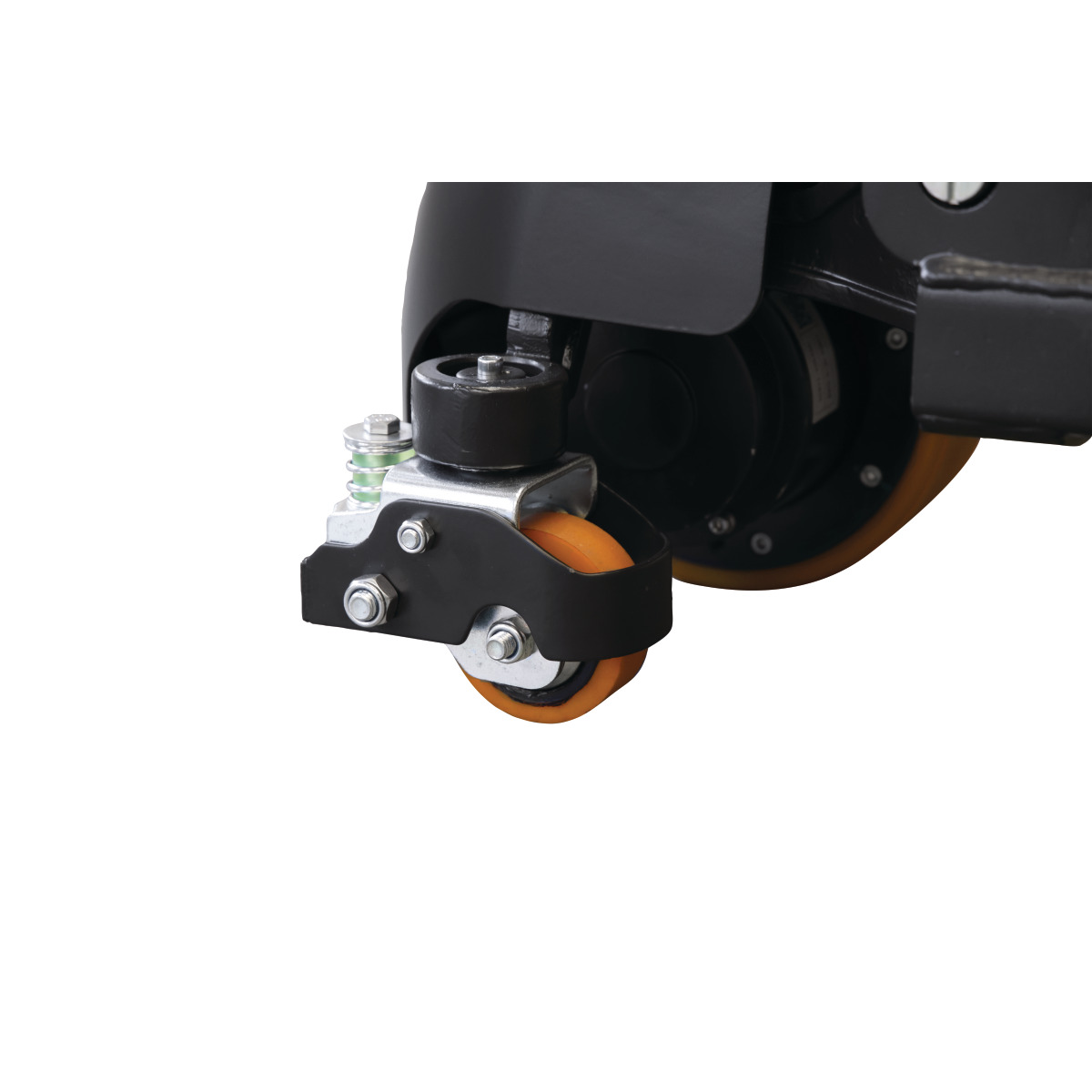 Elektrischer Gabelhubwagen EHW 15 E Detailansicht eines kleinen Rads mit Metallhalterung und Feder neben einem größeren Antriebsrad, weißer Hintergrund.