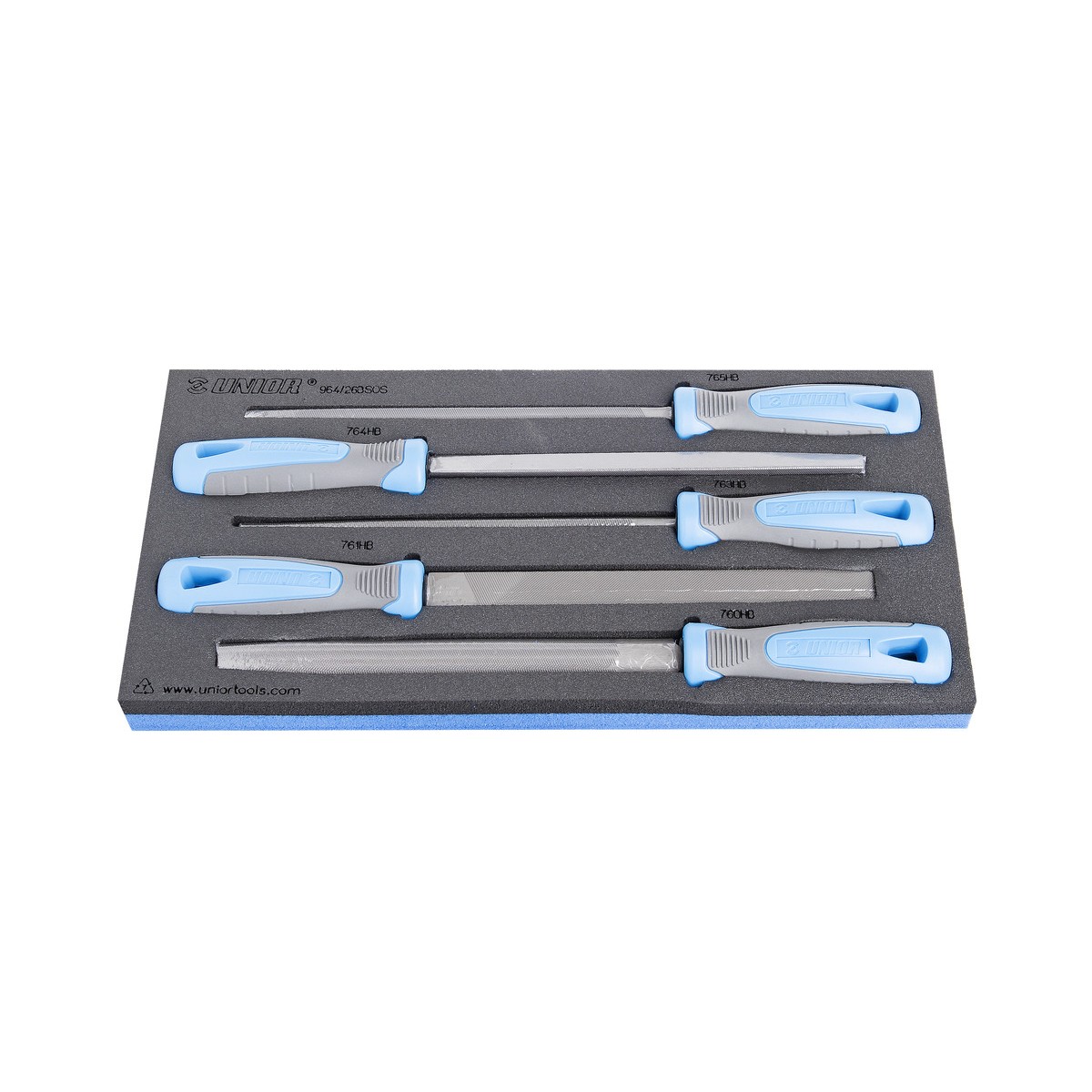 Schaumstoffeinlage mit fünf Feilen (flach und rund) in verschiedenen Längen, mit blau-grauen Griffen, waagrecht angeordnet.