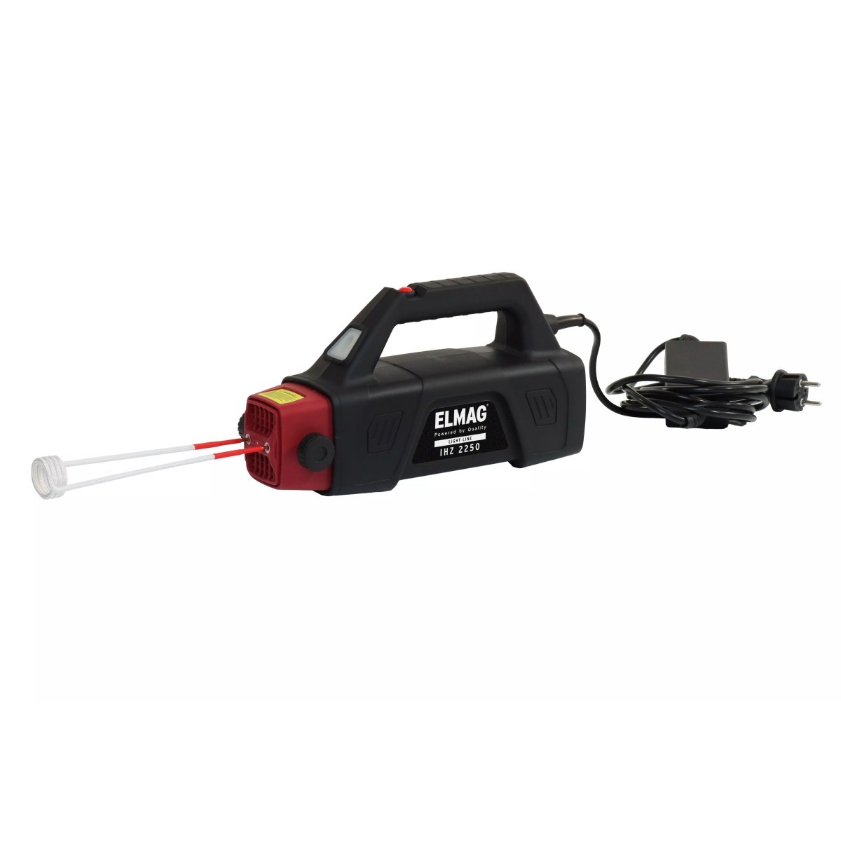 Schwarzes handgeführtes Elektrowerkzeug mit rotem Vorderteil, zwei transparenten Schlauchaufsätzen und Netzkabel.