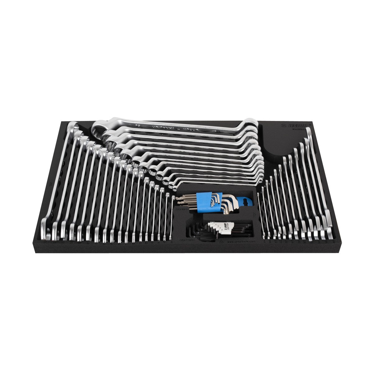 Schwarze Schaumeinlage mit verchromten Doppelringschlüsseln rundum; in der Mitte zwei Inbusschlüsselsätze (blauer und schwarzer Halter).