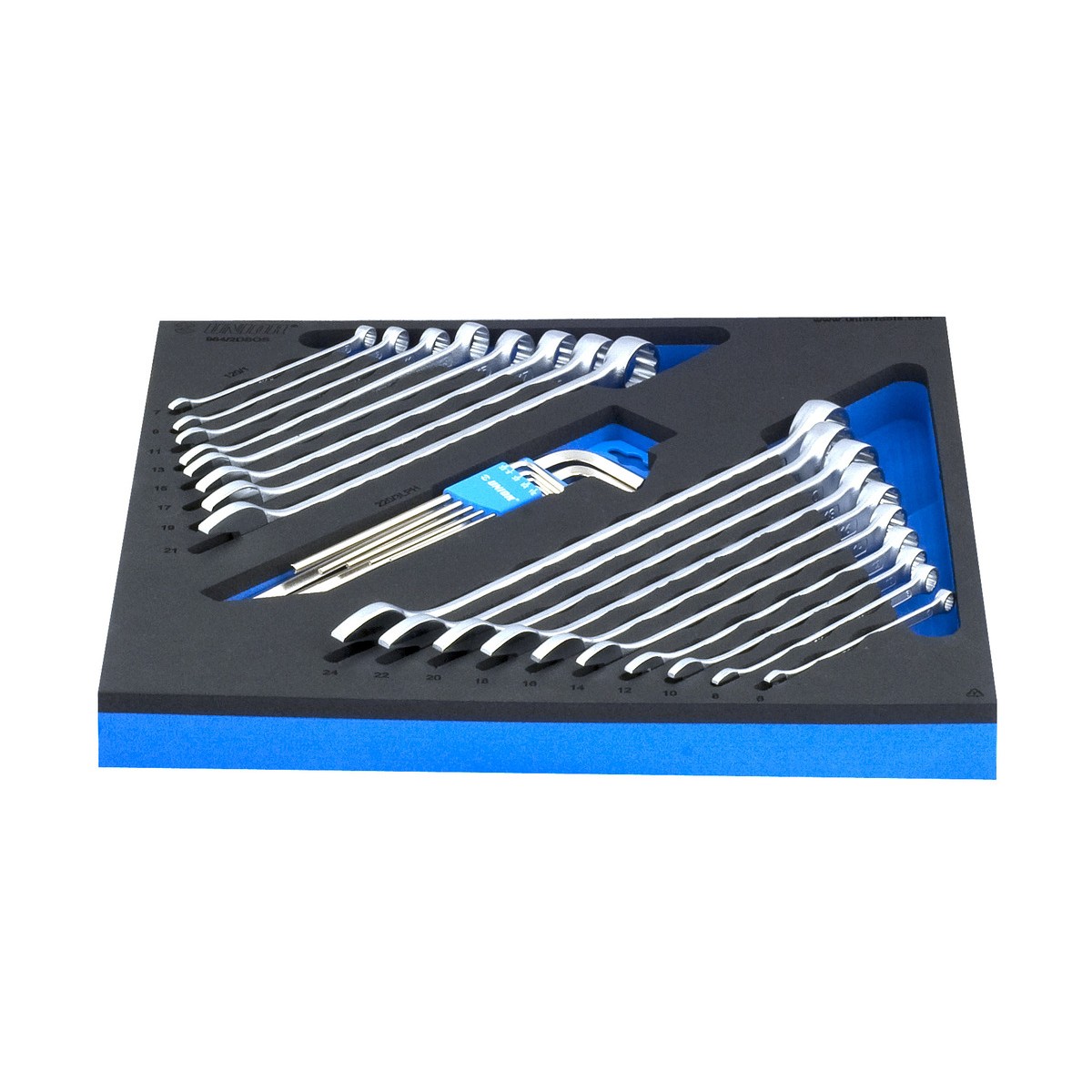 Schwarze Schaumeinlage mit verchromten Ringmaulschlüsseln in zwei Gruppen und einem Inbusschlüsselsatz in der Mitte, blaue Unterlage.