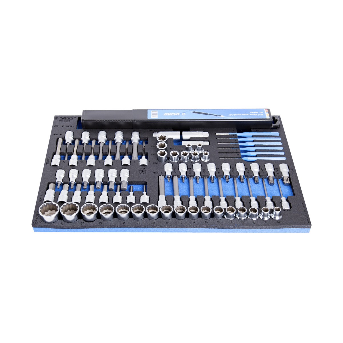 SOS Modul - Steckschlüssel/Drehmomentschlüssel-Set - 964/31SOS Schaumstoffeinlage mit Drehmomentschlüssel, E- und Torx-Stecknüssen, Bit-Stecknüssen, Verlängerungen und Markierstiften.