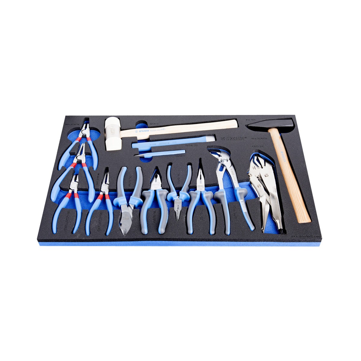 SOS Modul - Zangen- und Hammer-Set - 964/32ASOS Schaumstoffeinlage mit Seegerring-, Seitenschneider-, Kombi-, Spitzzange und Wasserpumpenzange, Gripzange, Hammer, Schonhammer, 3 Durchschläge.